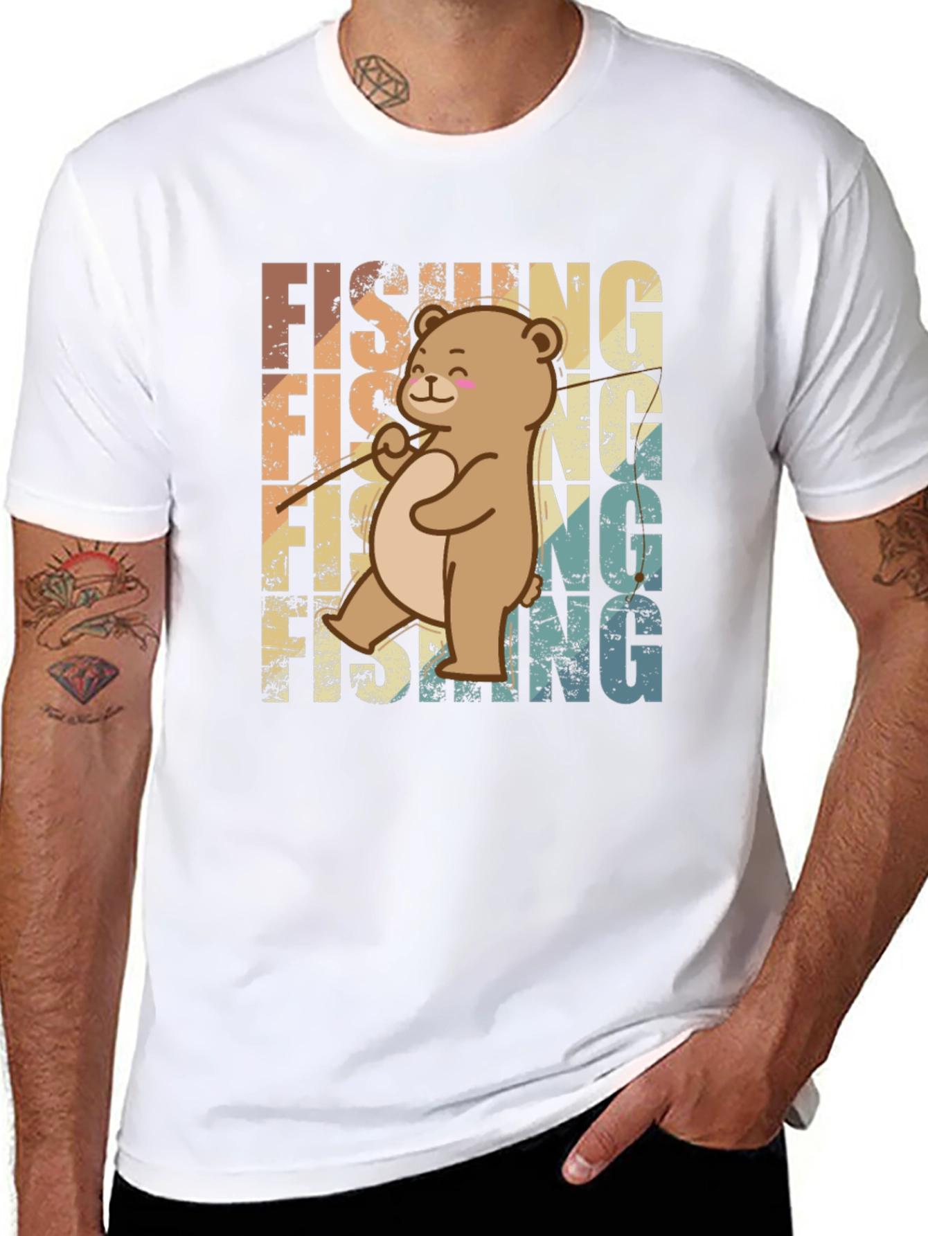 Fishing Bear Graphic Tee - Retro Style