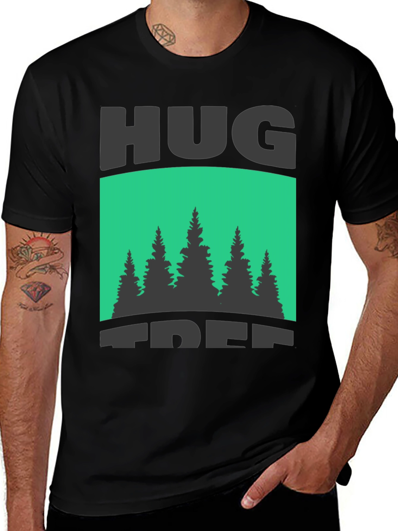 Hug Tree Graphic Print Black T-Shirt