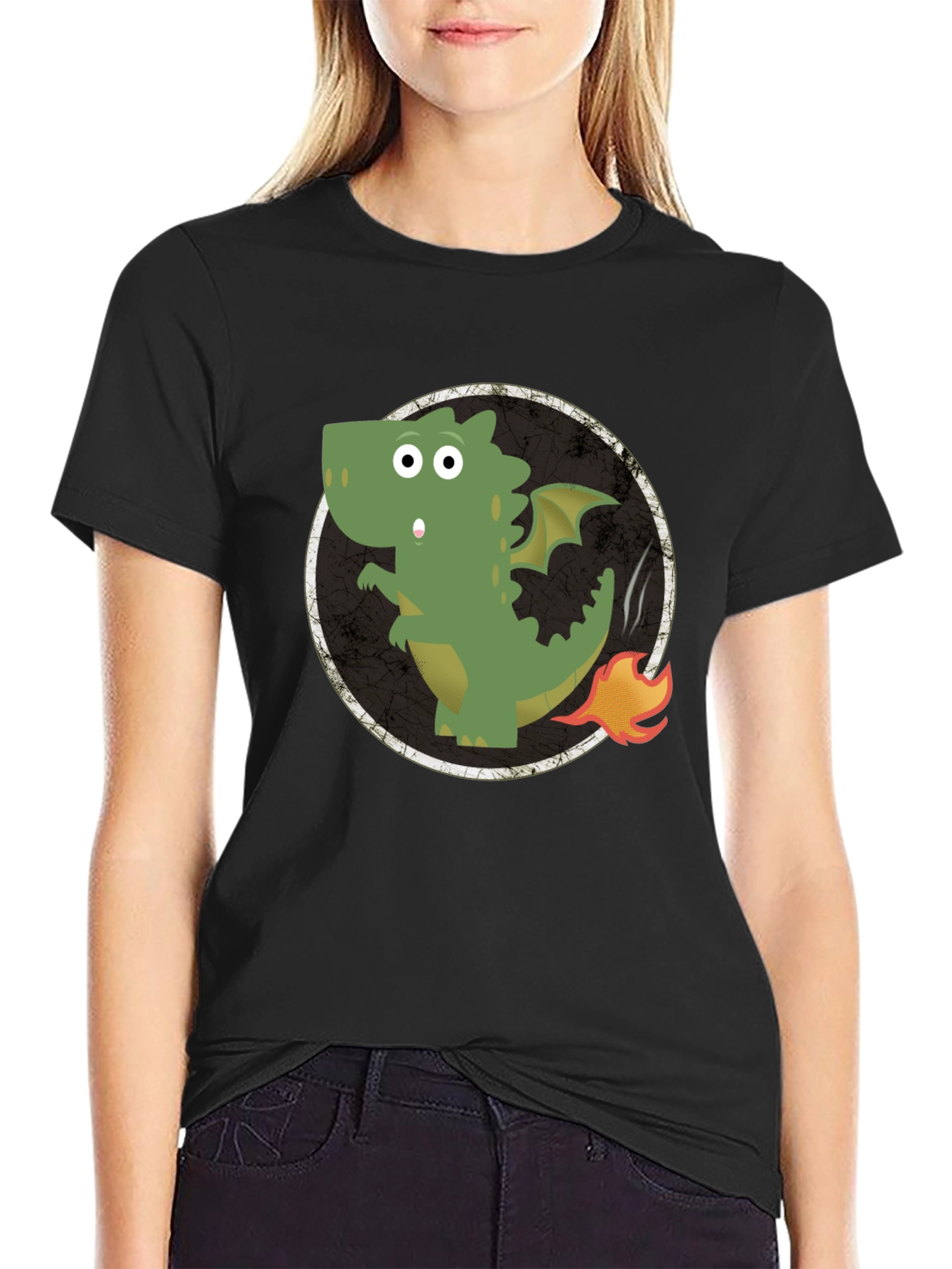 Dragon Fire Tail Graphic Tee - Black Cotton T-Shirt