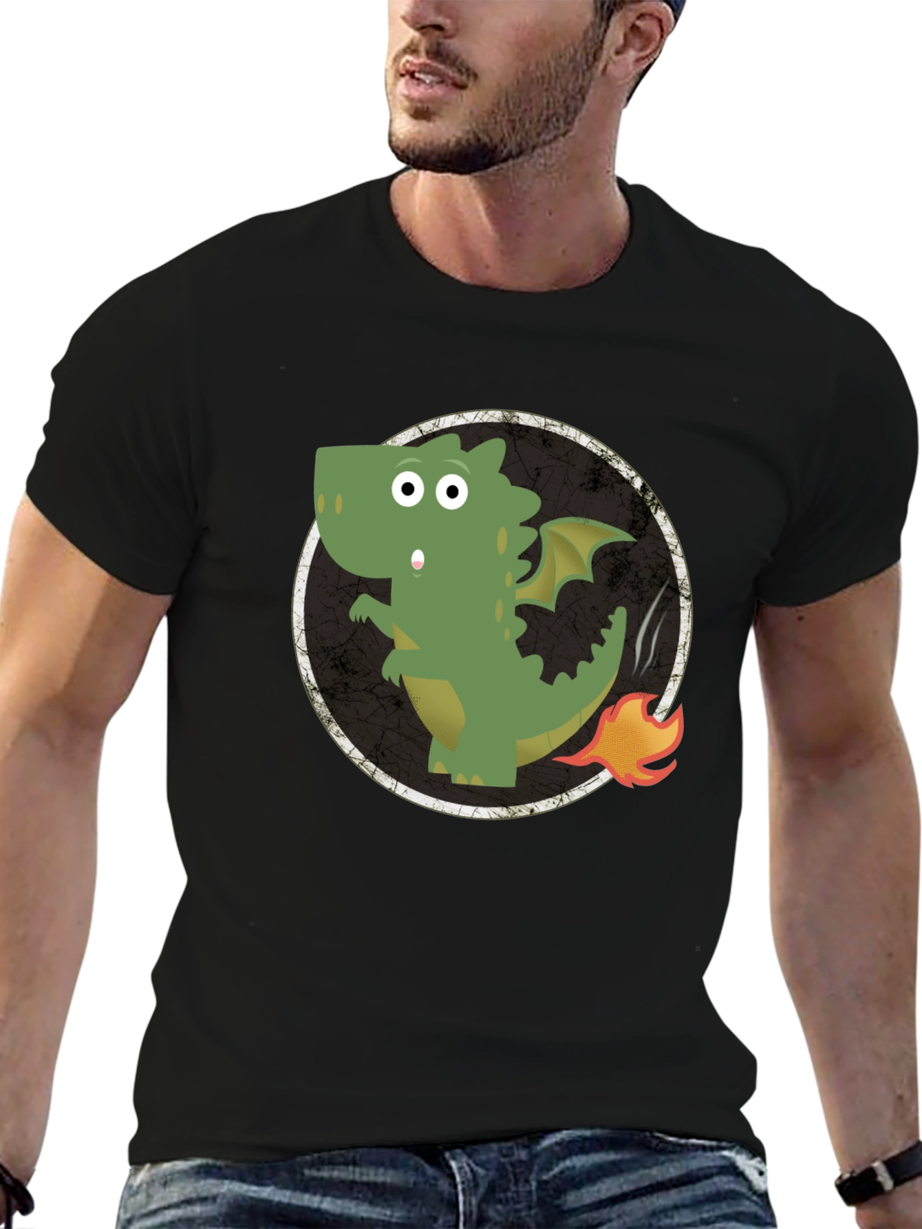 Dragon Fire Tail Graphic Tee - Black Cotton T-Shirt