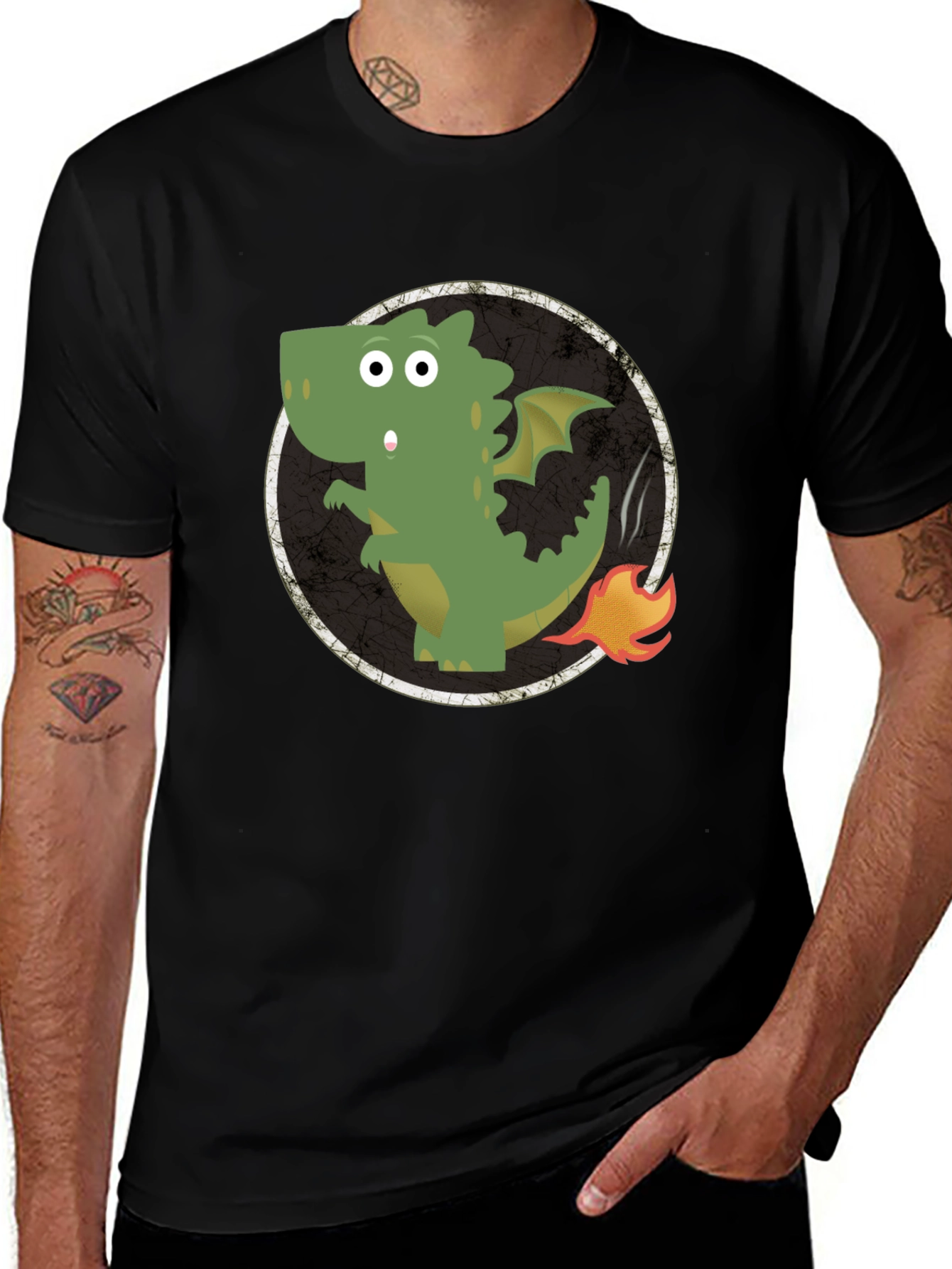 Dragon Fire Tail Graphic Tee - Black Cotton T-Shirt