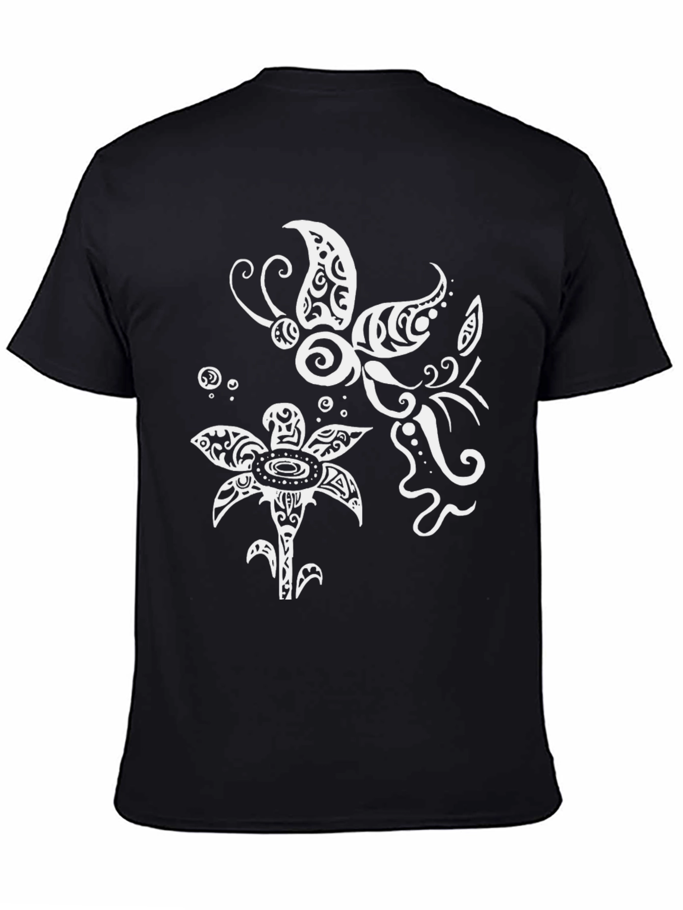 Tribal Butterfly & Floral Graphic T-Shirt - Black