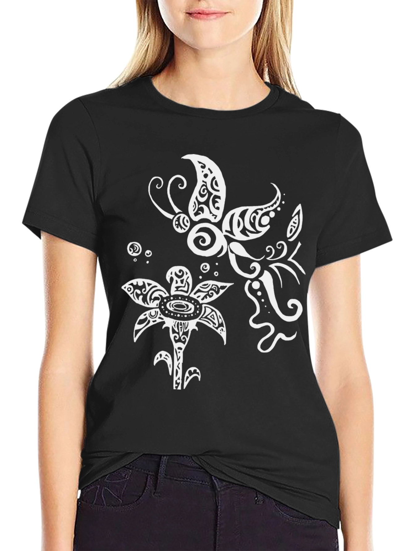 Tribal Butterfly & Floral Graphic T-Shirt - Black