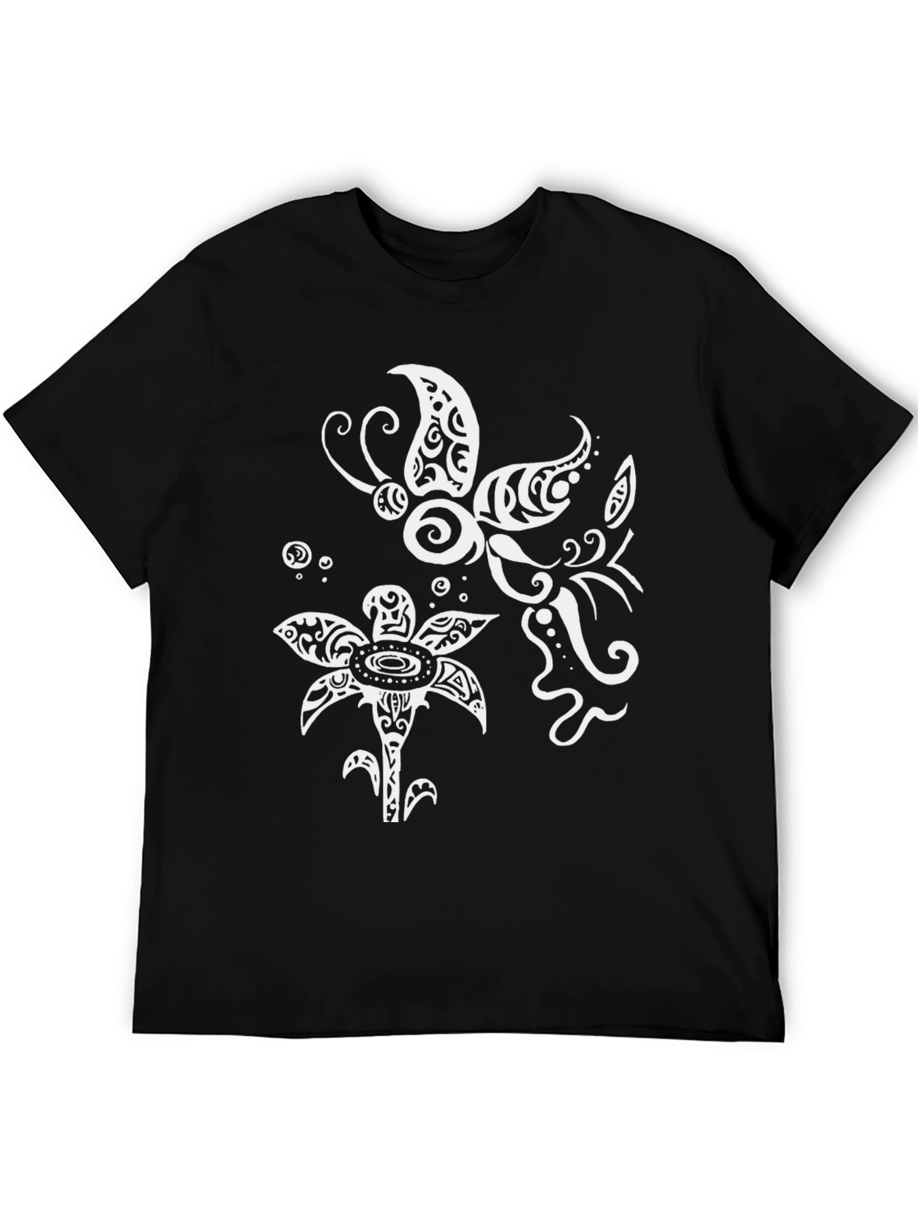 Tribal Butterfly & Floral Graphic T-Shirt - Black