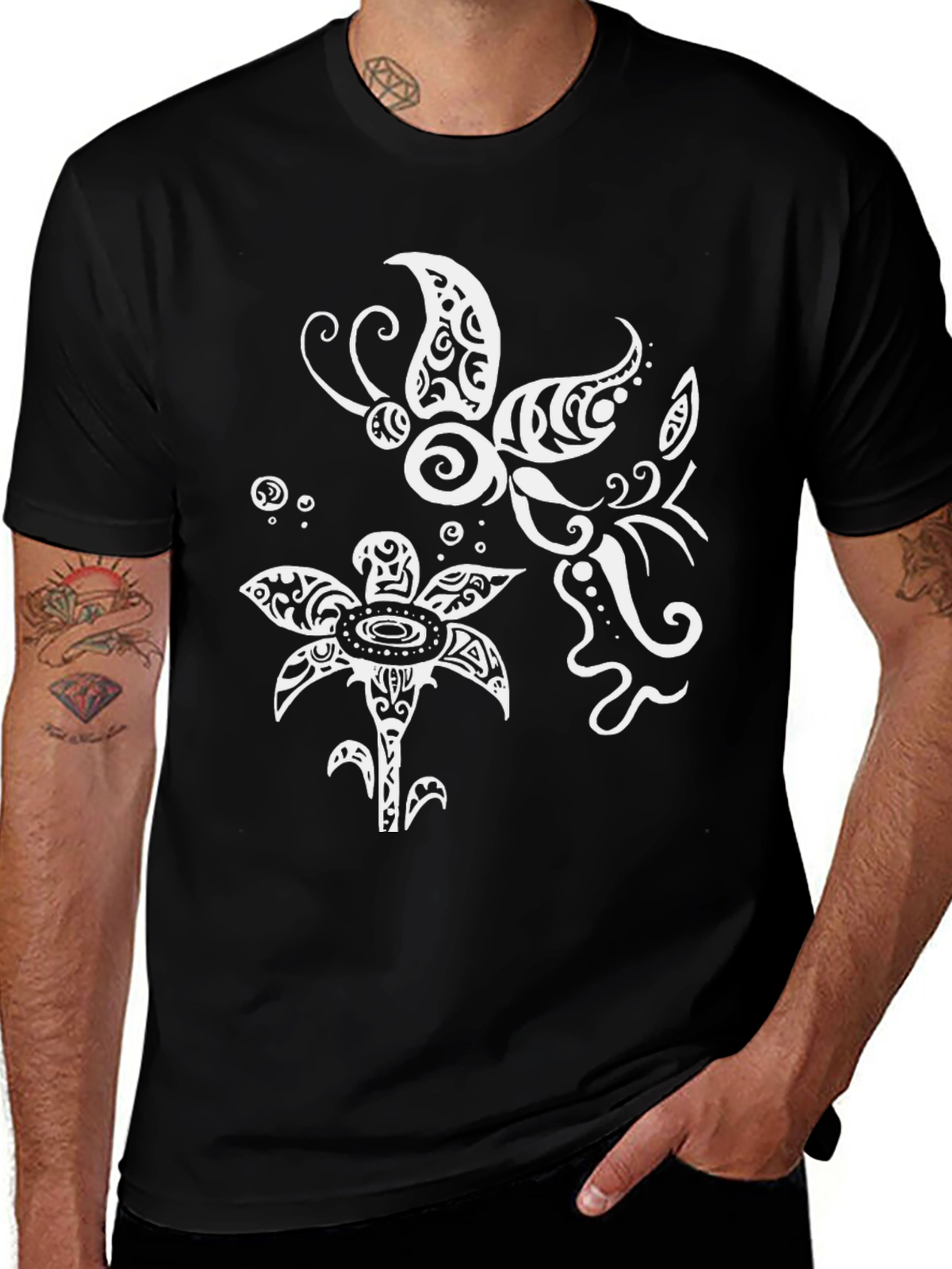 Tribal Butterfly & Floral Graphic T-Shirt - Black