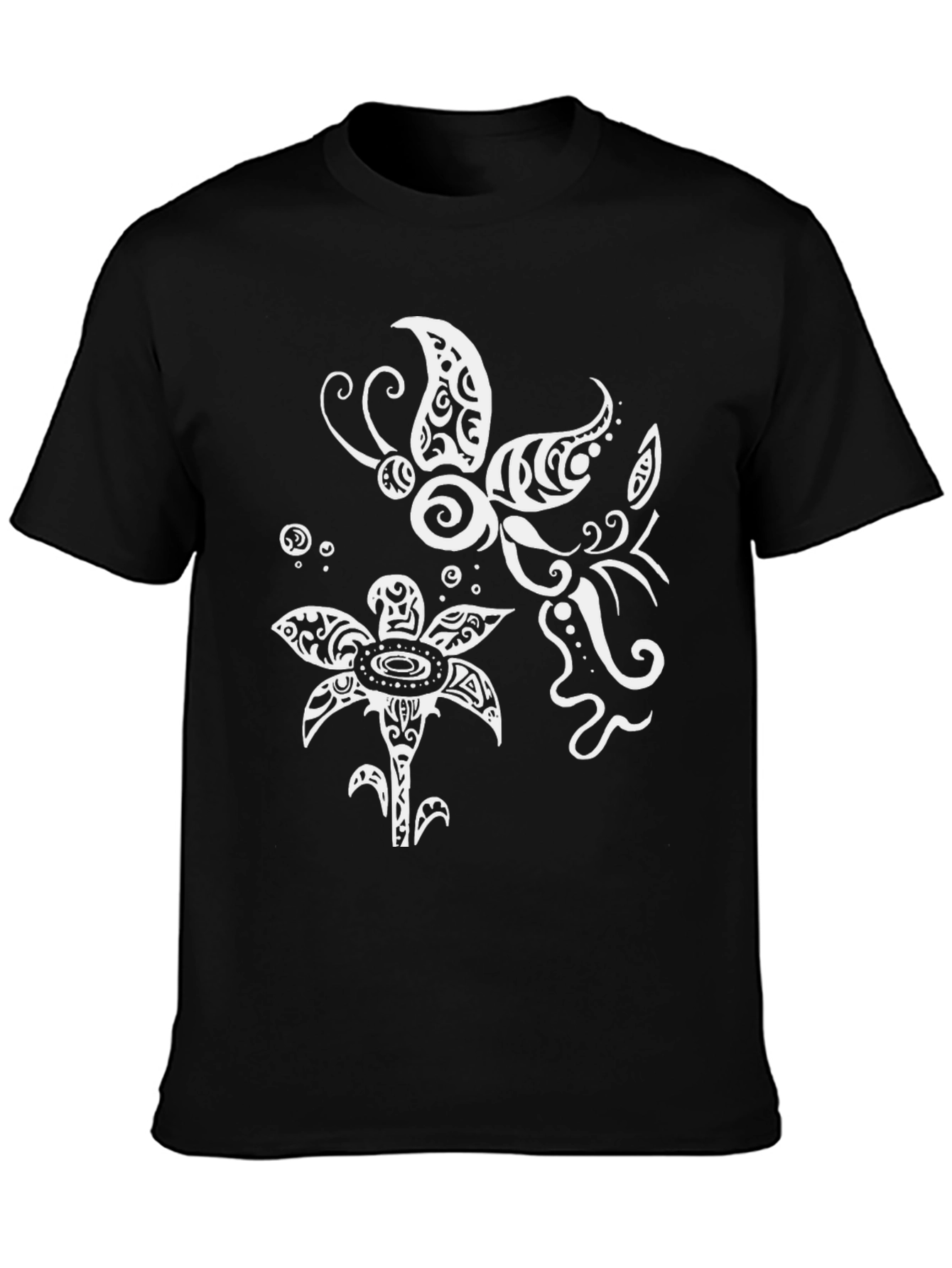 Tribal Butterfly & Floral Graphic T-Shirt - Black