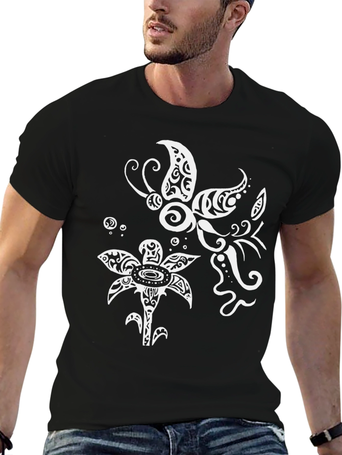 Tribal Butterfly & Floral Graphic T-Shirt - Black