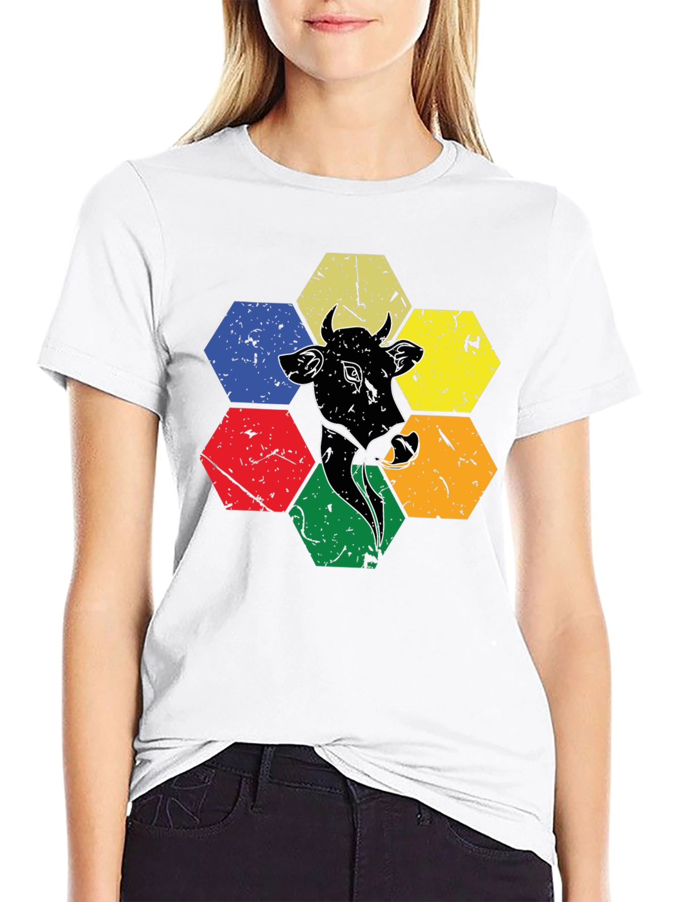 Cow Graphic Tee: Retro Hexagon Animal T-Shirt