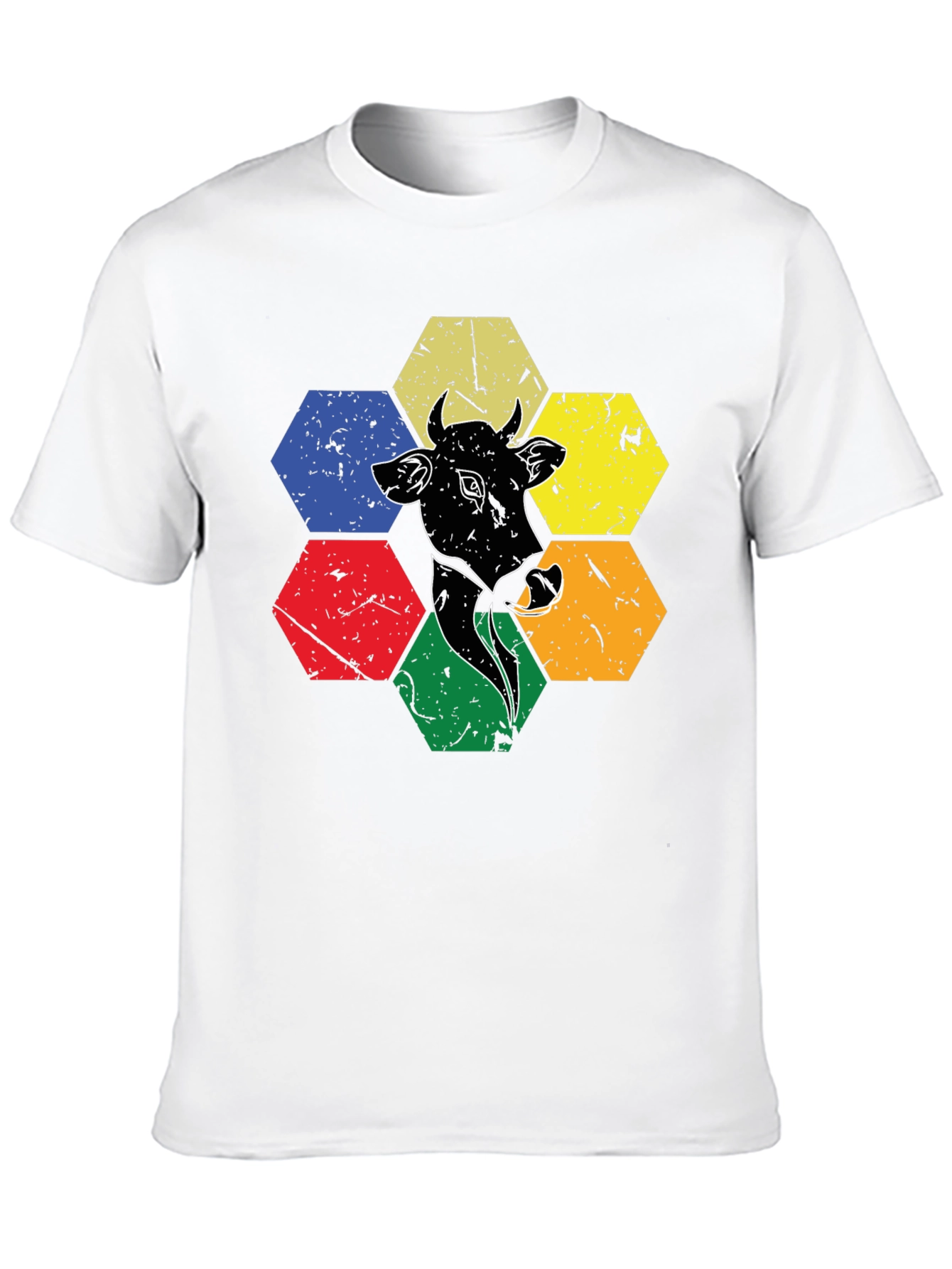 Cow Graphic Tee: Retro Hexagon Animal T-Shirt