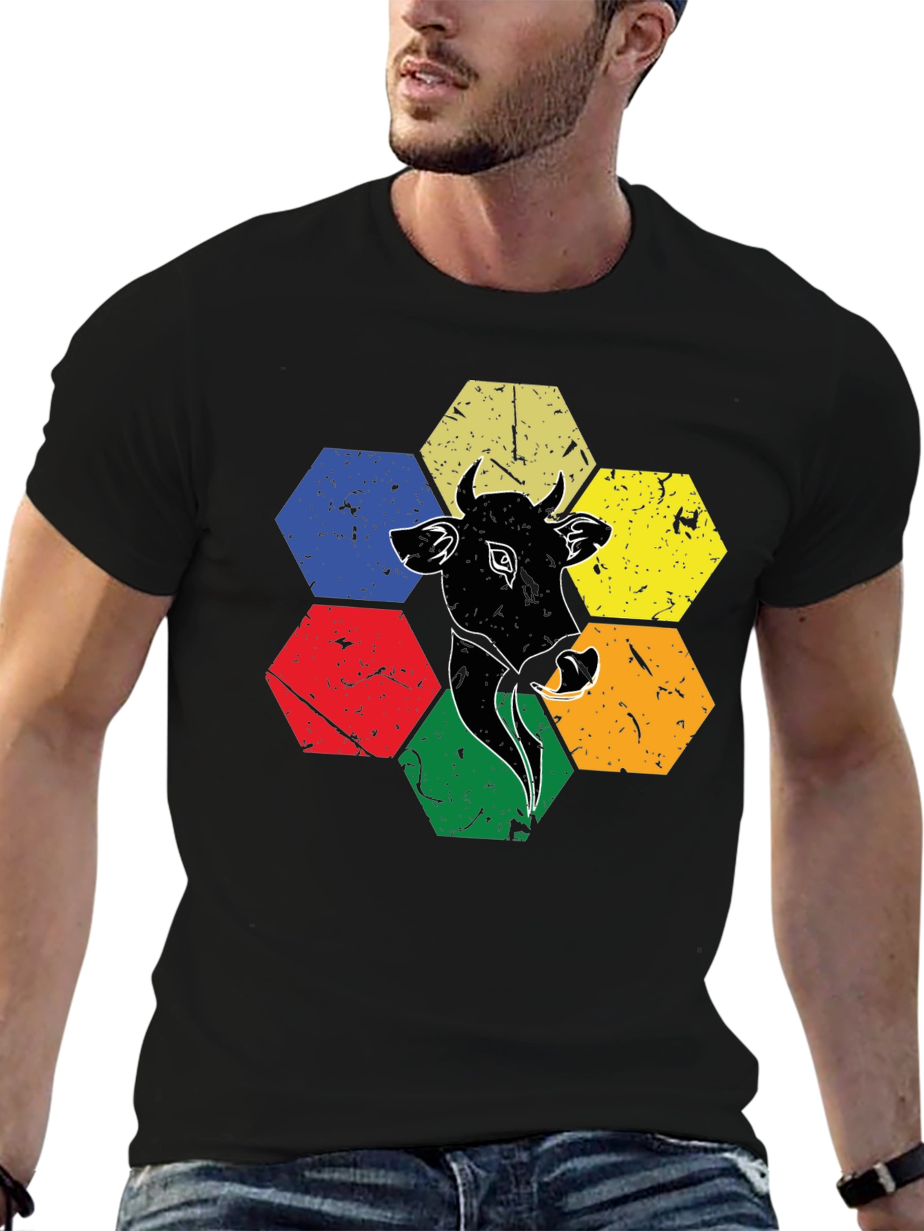 Cow Graphic Tee: Retro Hexagon Animal T-Shirt