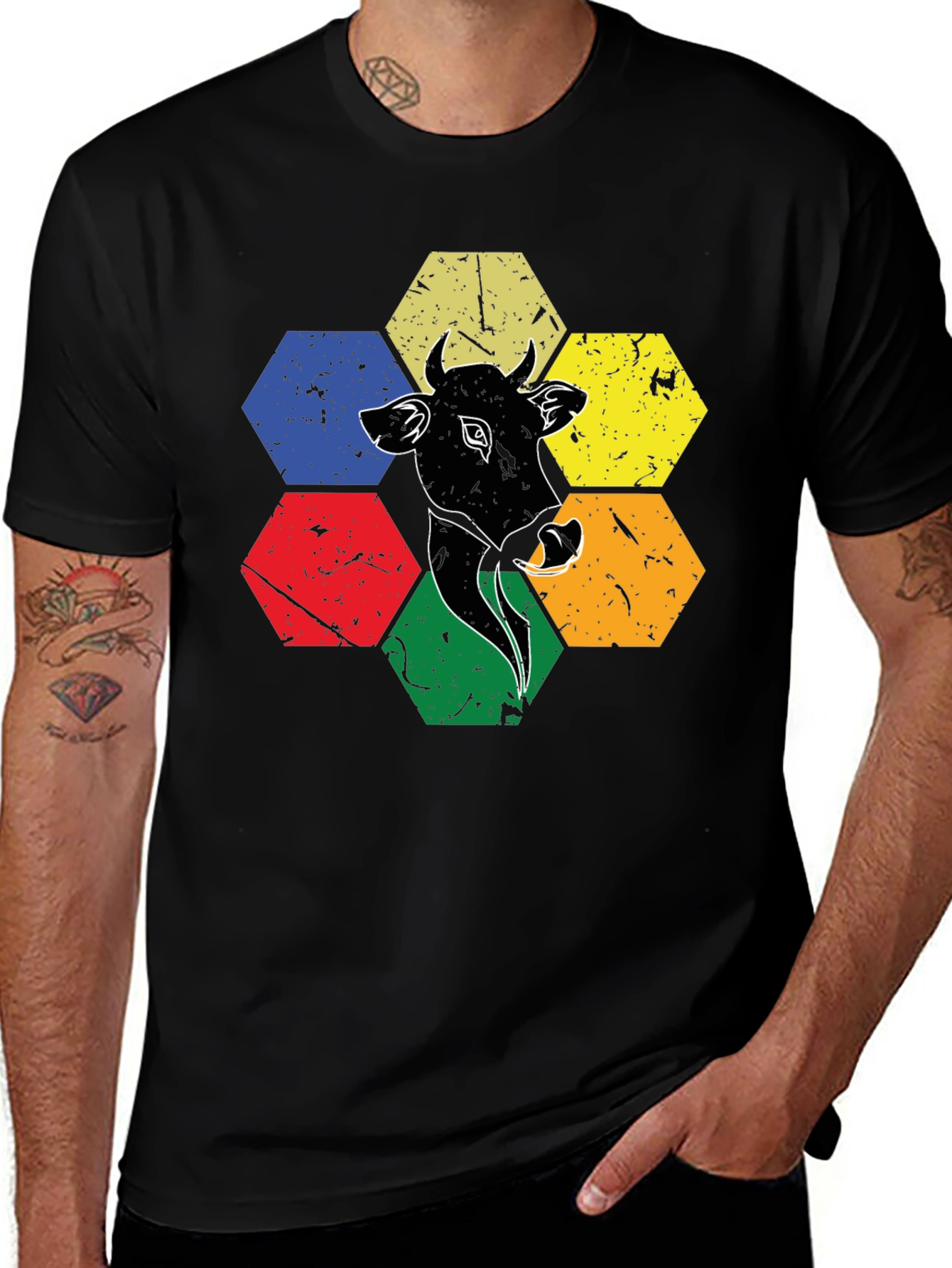Cow Graphic Tee: Retro Hexagon Animal T-Shirt