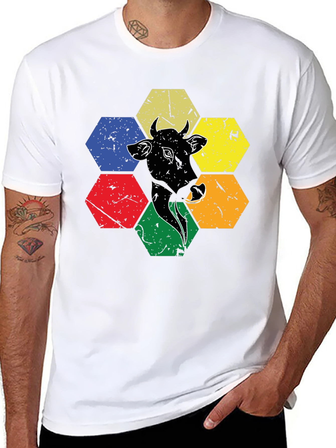 Cow Graphic Tee: Retro Hexagon Animal T-Shirt