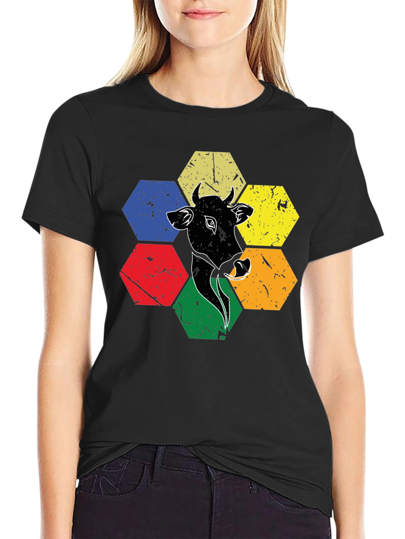 Cow Graphic Tee: Retro Hexagon Animal T-Shirt