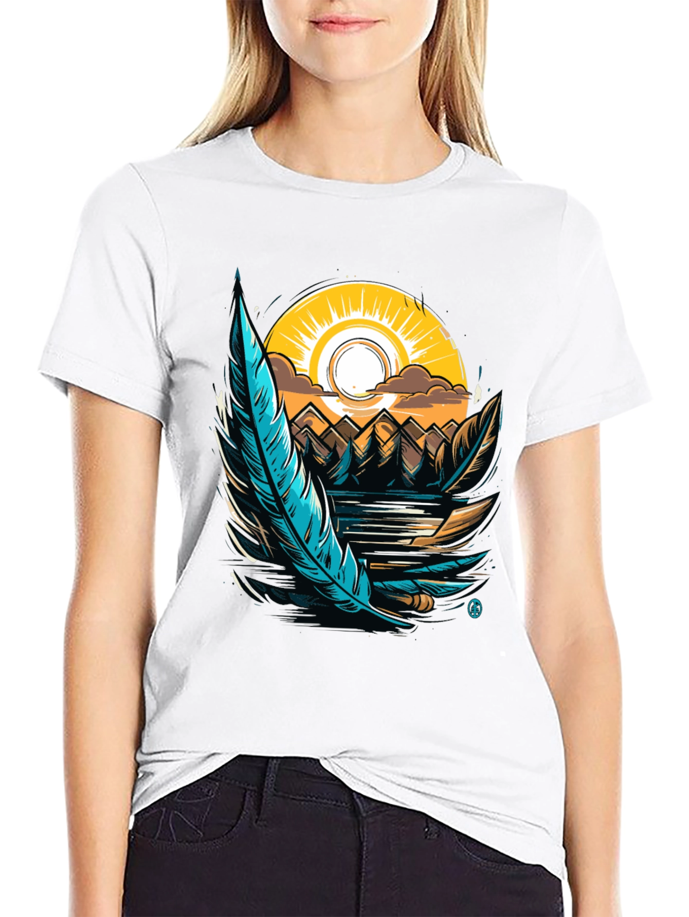 Nature Graphic Tee: Feather Sunset Design