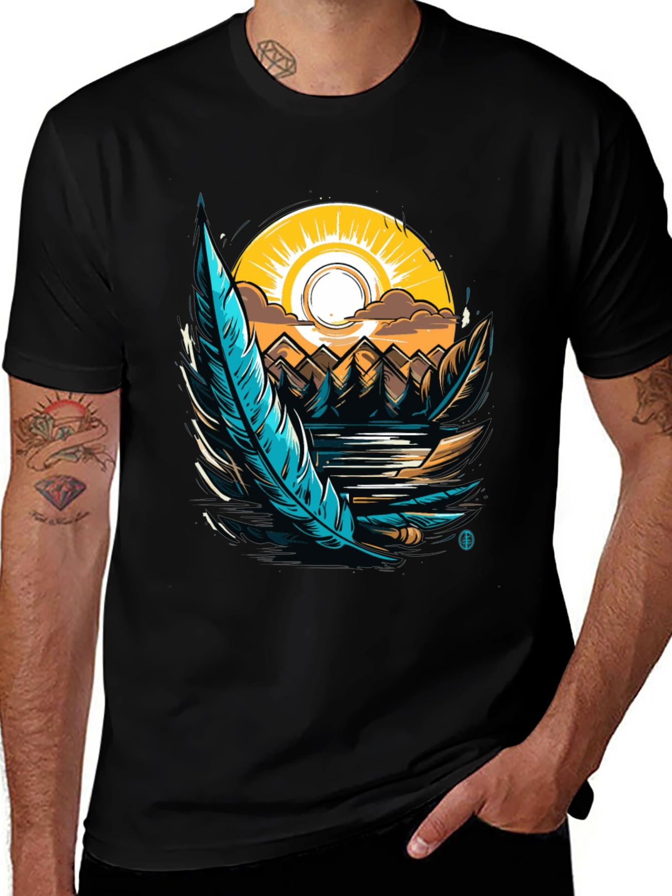 Nature Graphic Tee: Feather Sunset Design