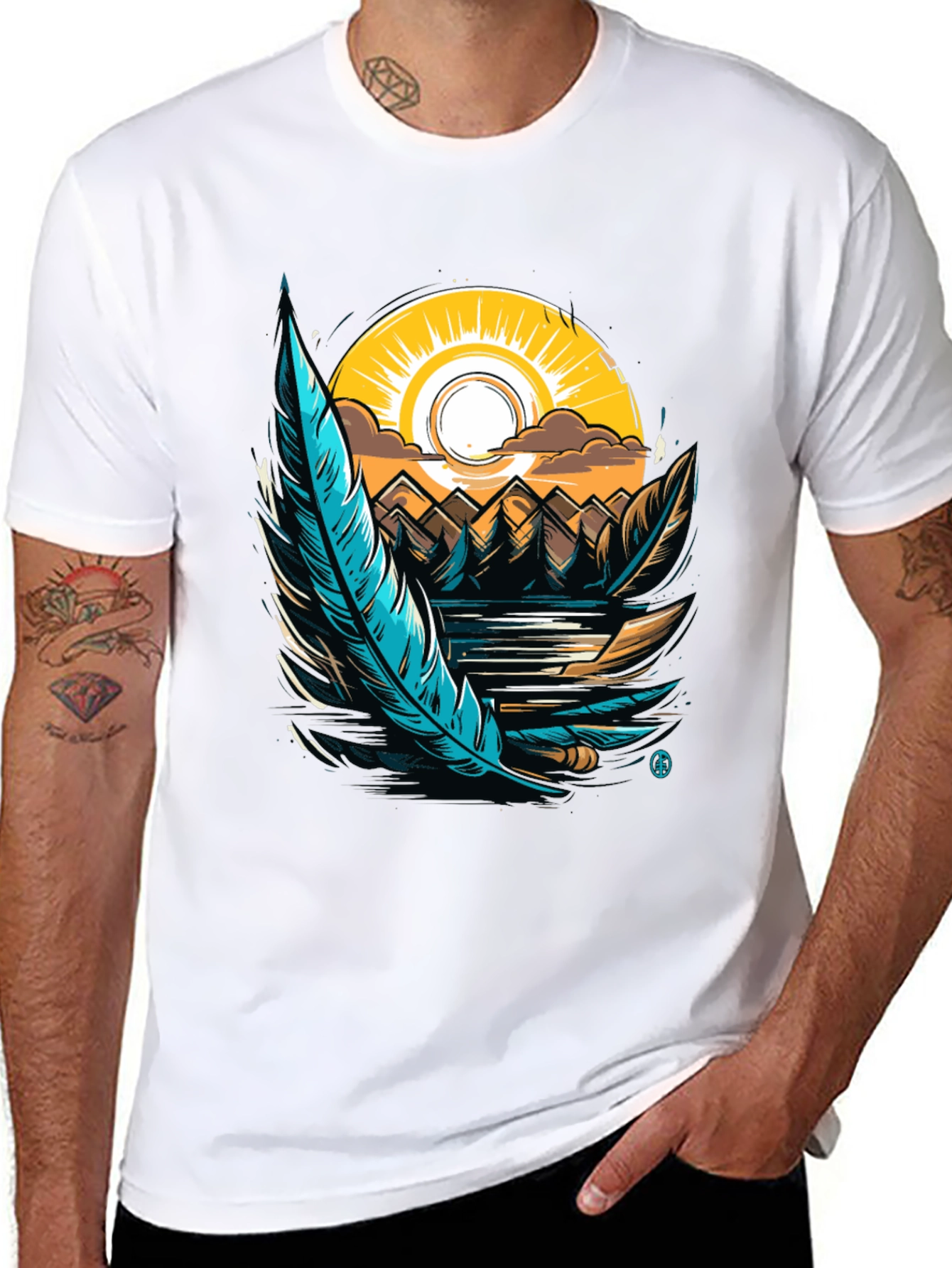 Nature Graphic Tee: Feather Sunset Design