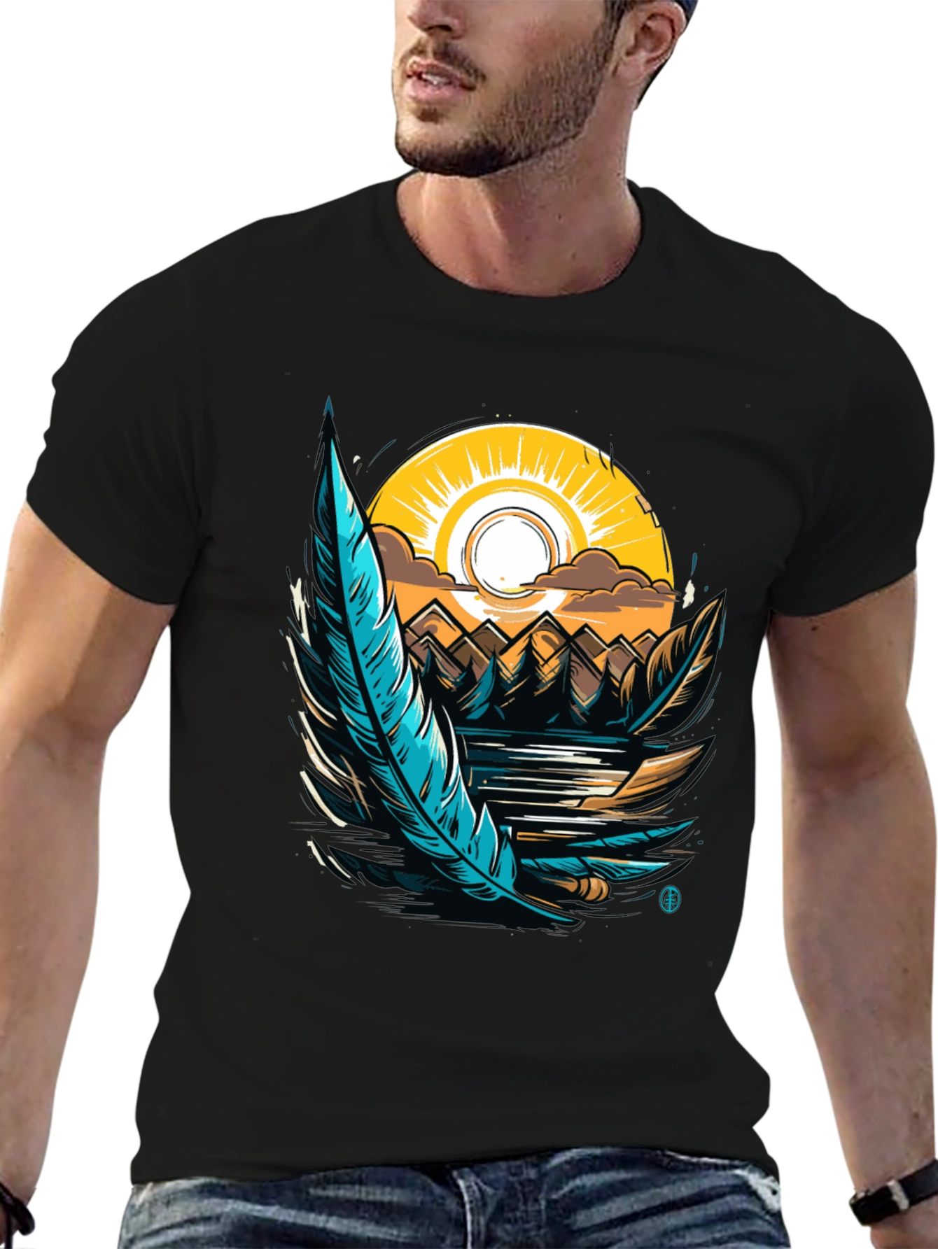 Nature Graphic Tee: Feather Sunset Design