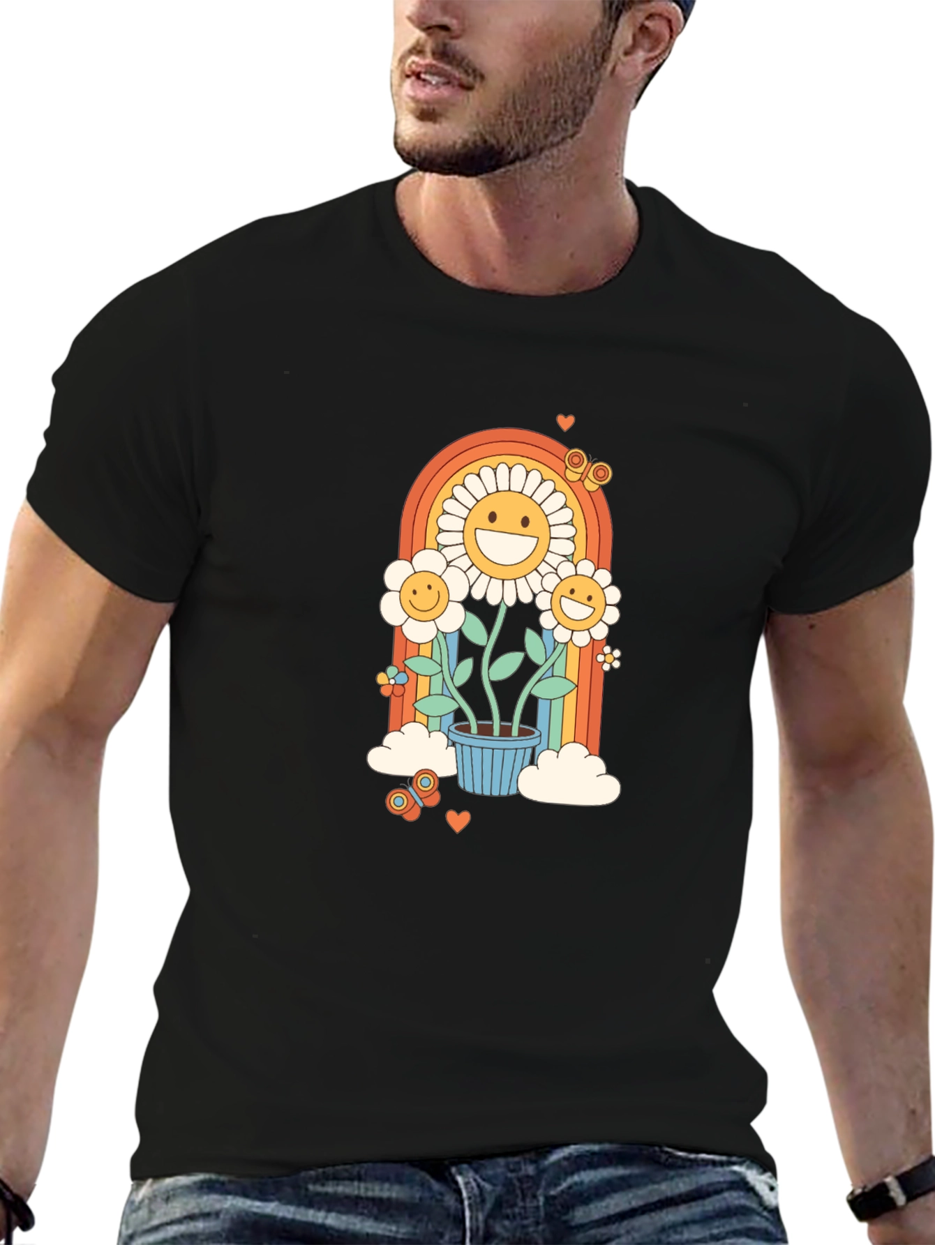 Retro Flower Power Graphic Tee - Black Cotton Blend
