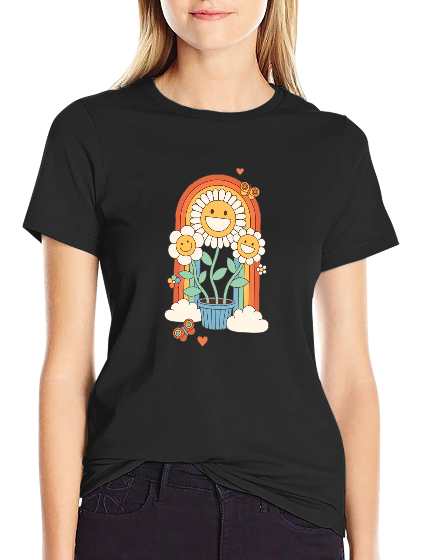 Retro Flower Power Graphic Tee - Black Cotton Blend