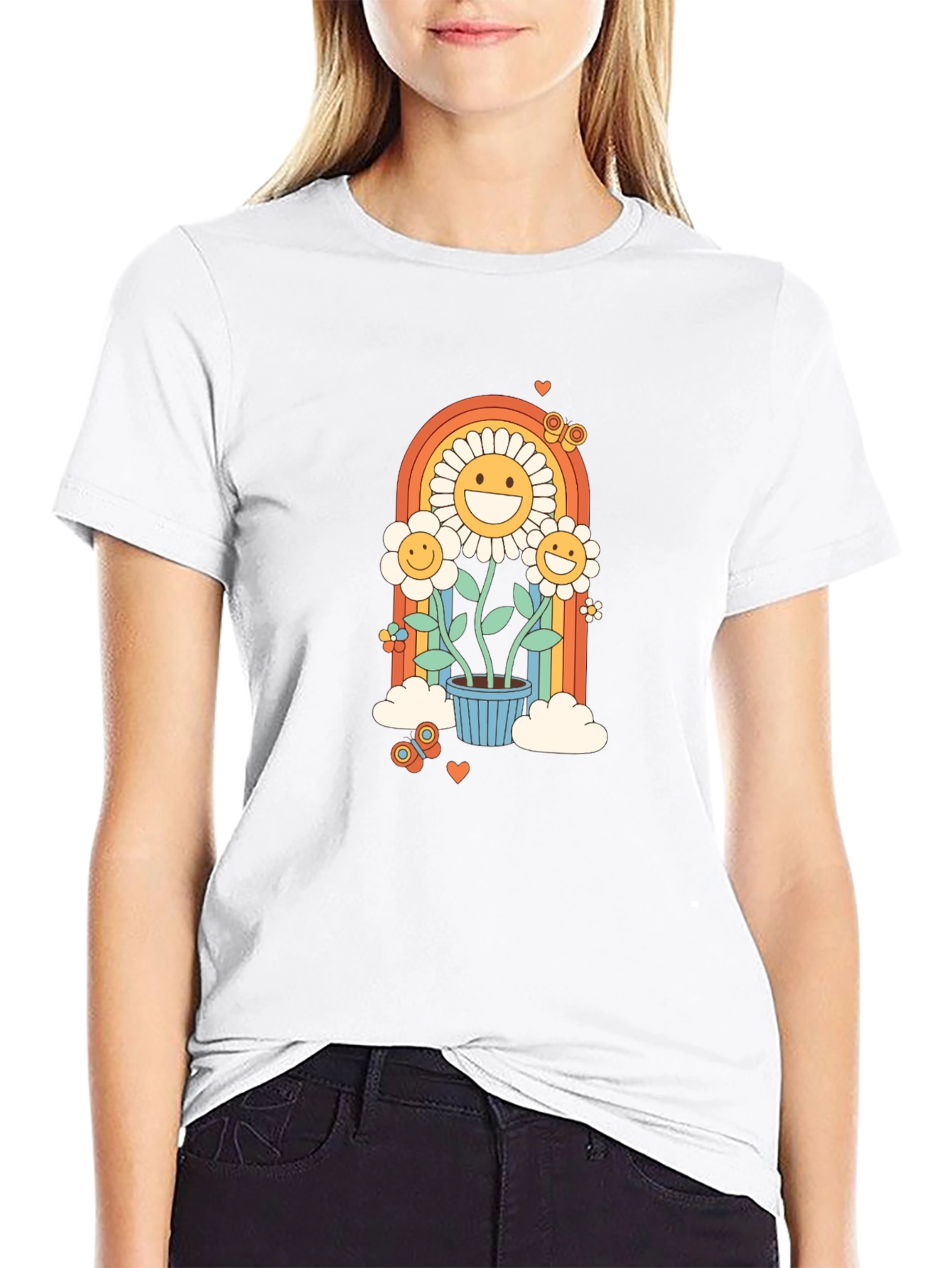Retro Flower Power Graphic Tee - Black Cotton Blend