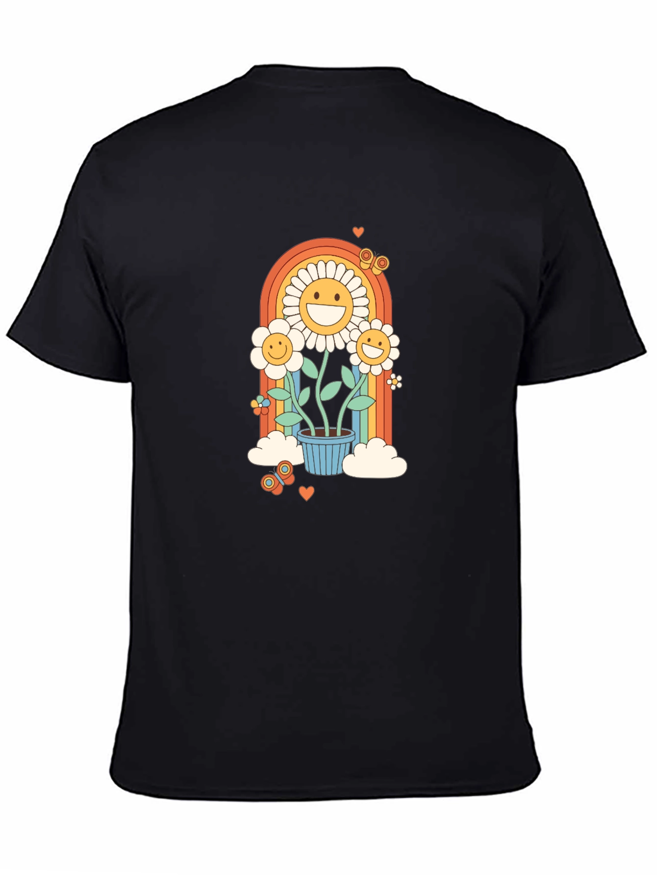 Retro Flower Power Graphic Tee - Black Cotton Blend