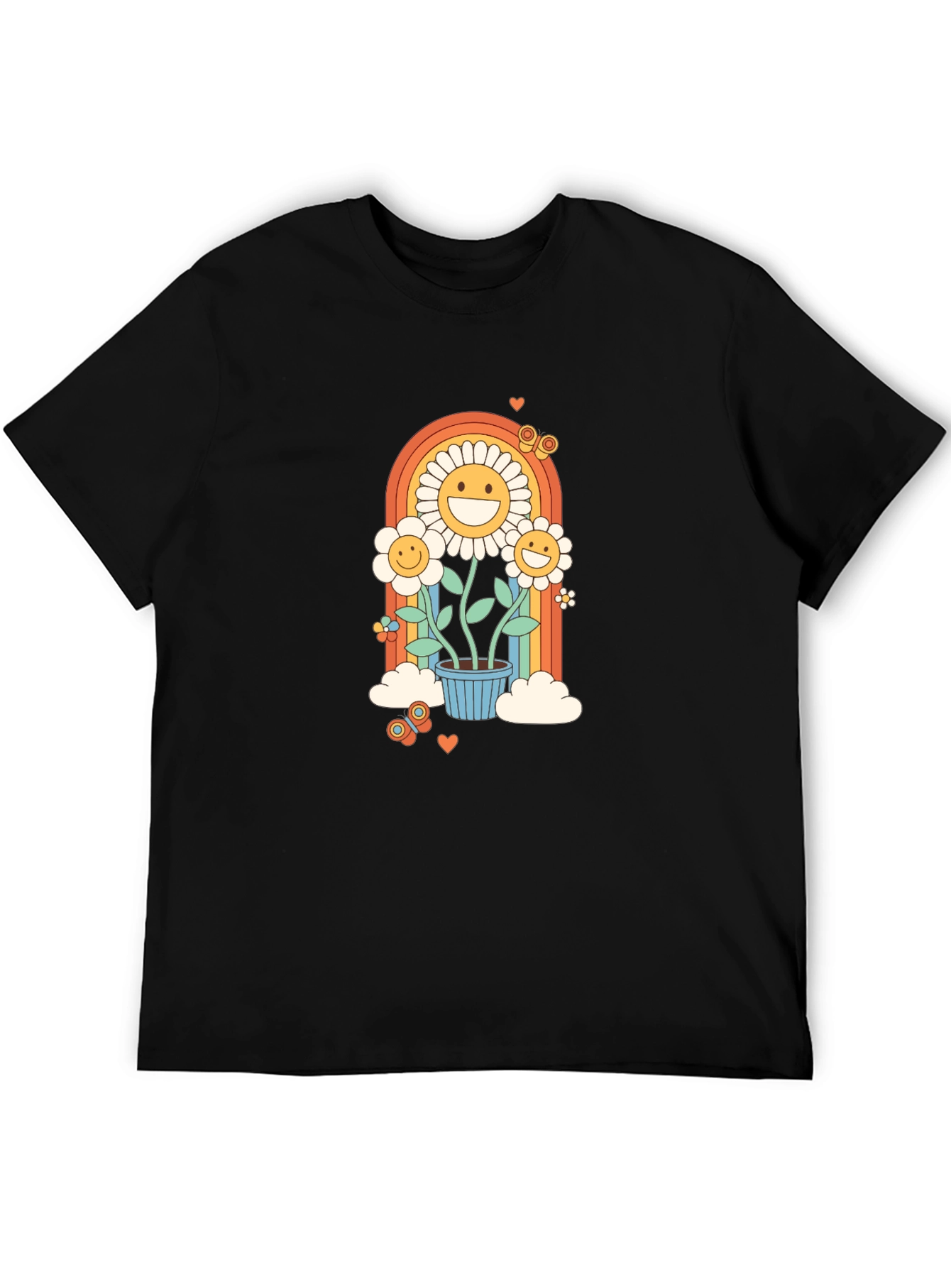 Retro Flower Power Graphic Tee - Black Cotton Blend