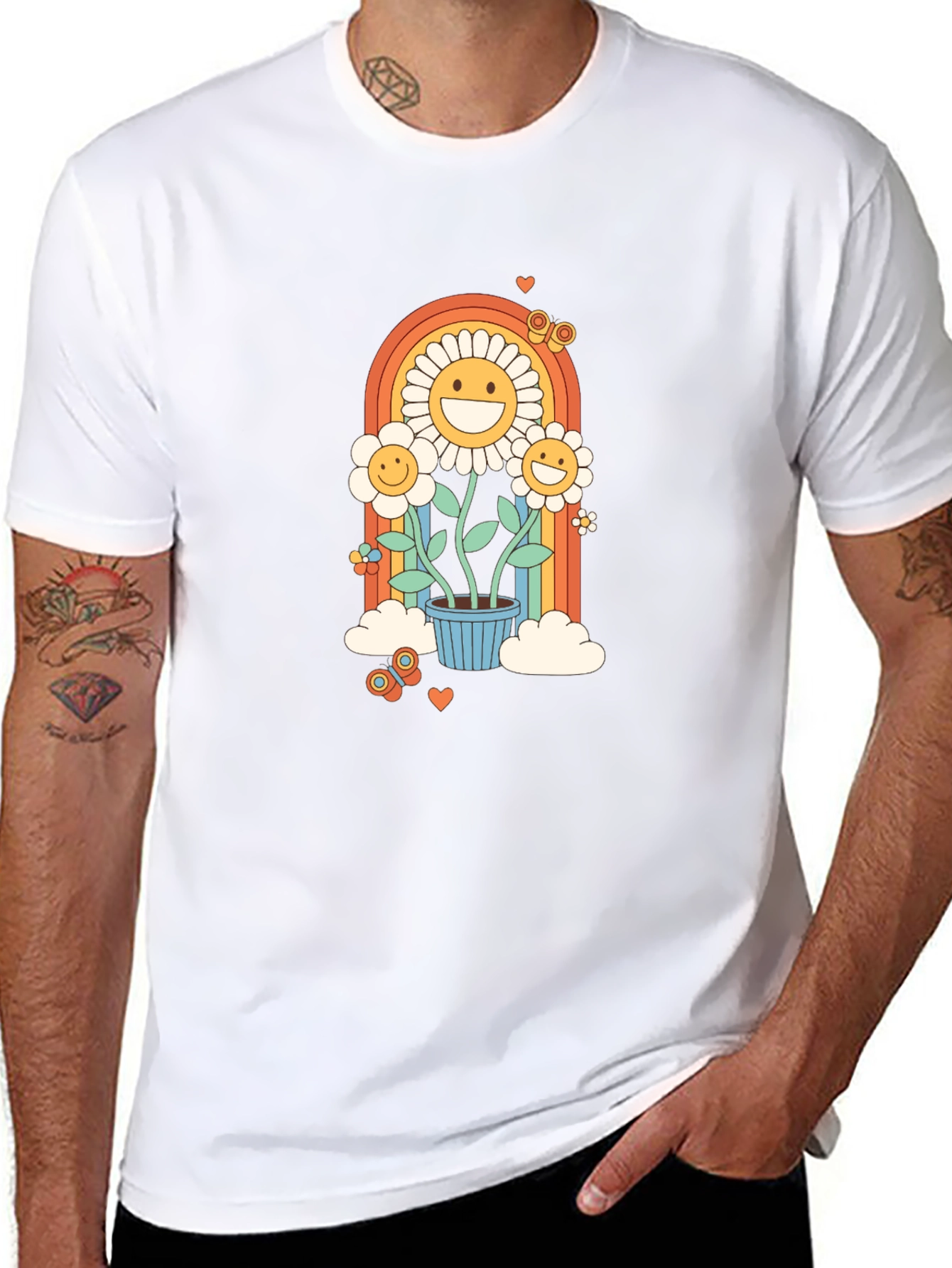 Retro Flower Power Graphic Tee - Black Cotton Blend