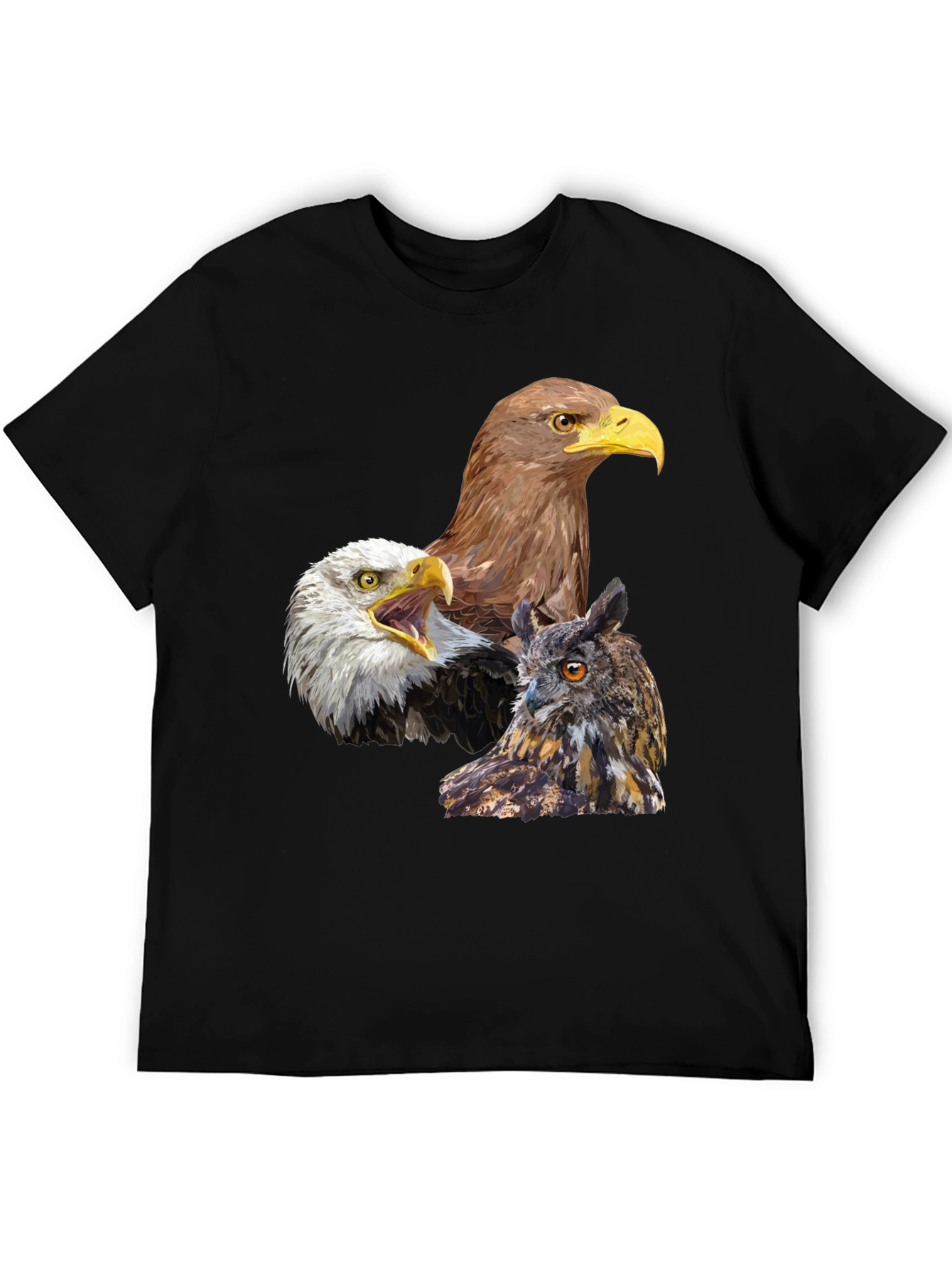 Eagles and Owl Graphic Print Black T-Shirt