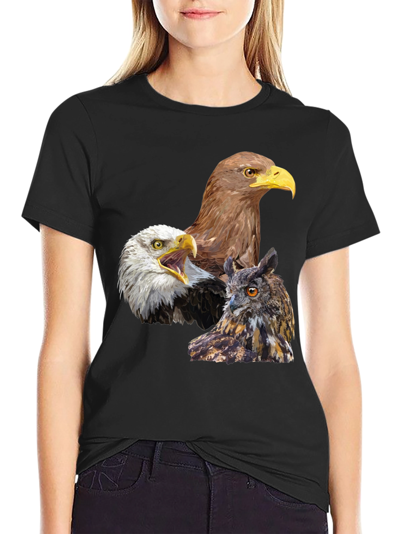 Eagles and Owl Graphic Print Black T-Shirt