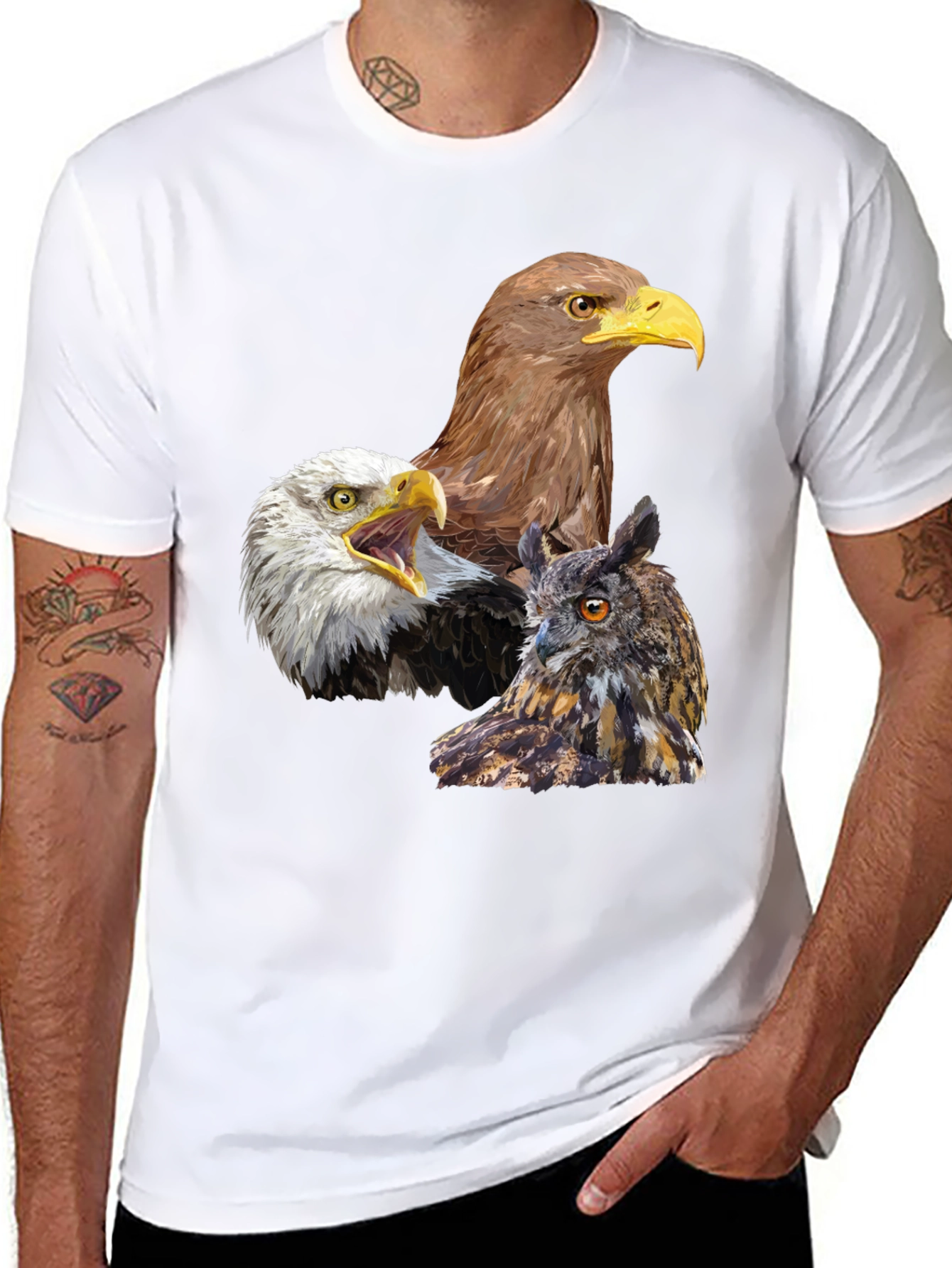 Eagles and Owl Graphic Print Black T-Shirt