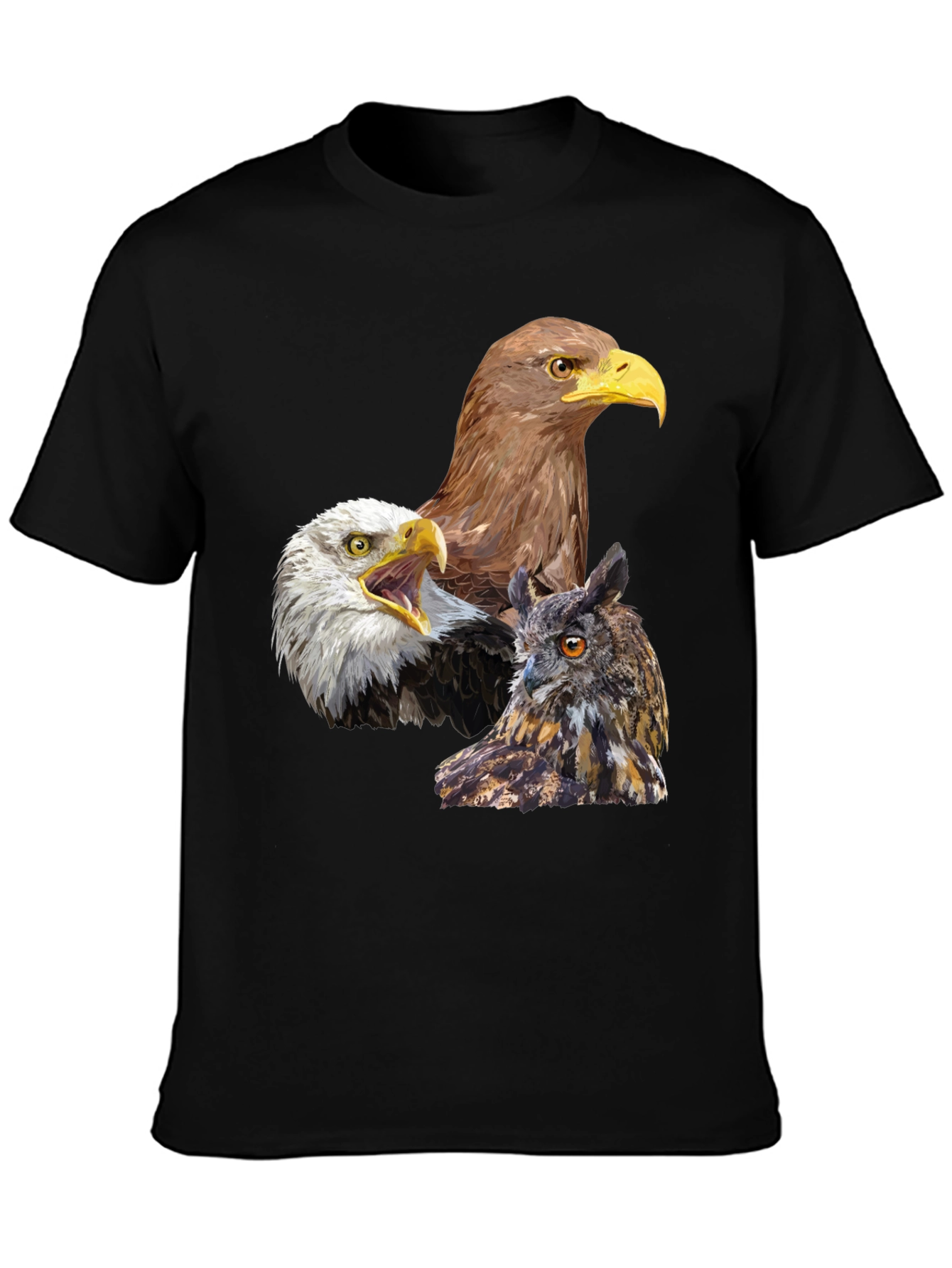 Eagles and Owl Graphic Print Black T-Shirt