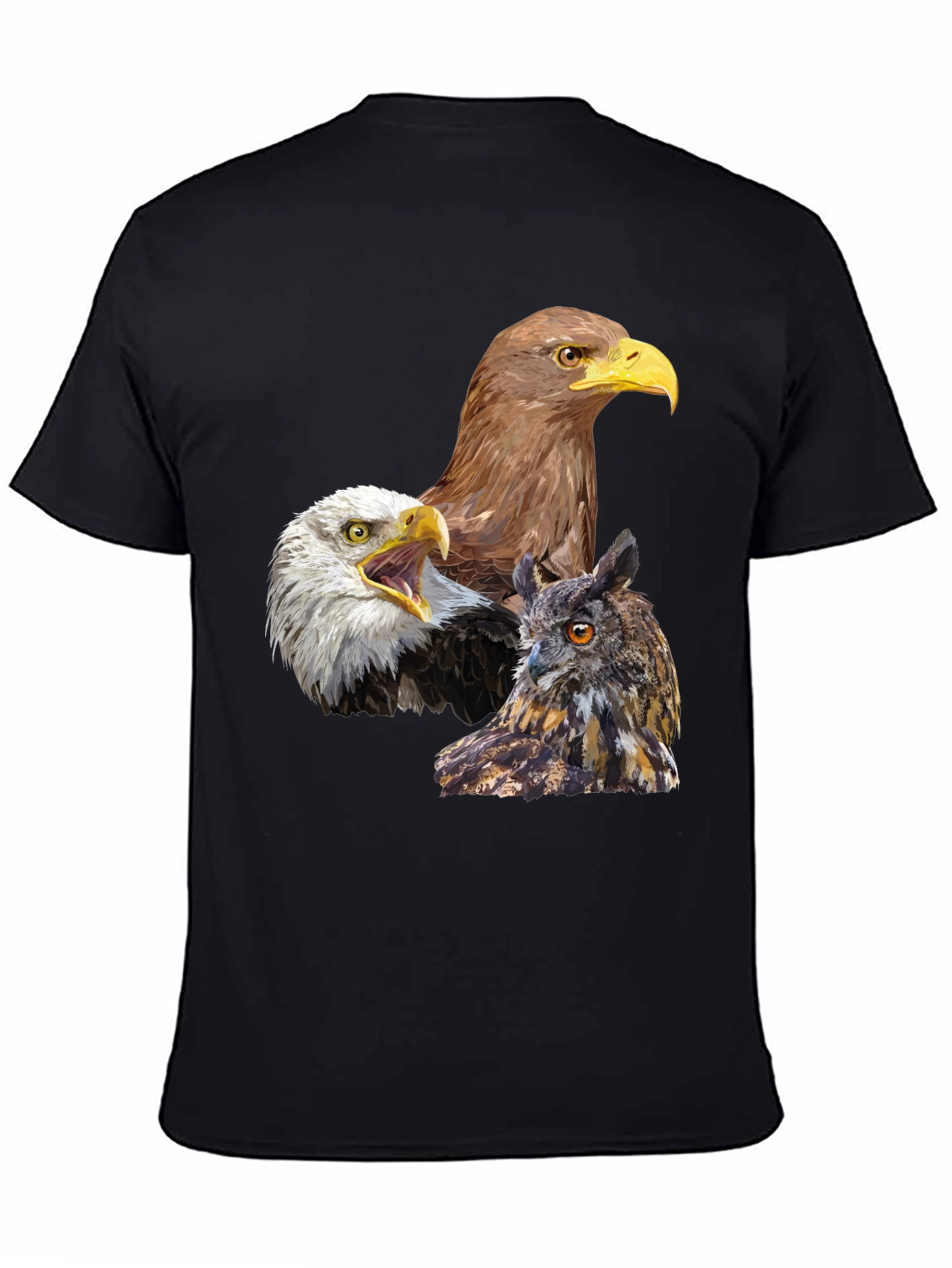 Eagles and Owl Graphic Print Black T-Shirt