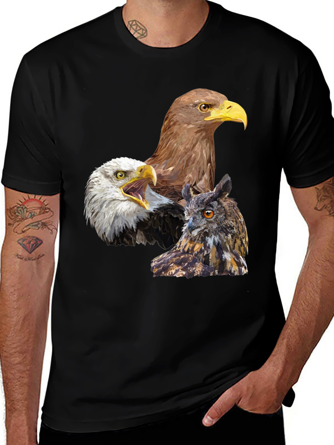 Eagles and Owl Graphic Print Black T-Shirt