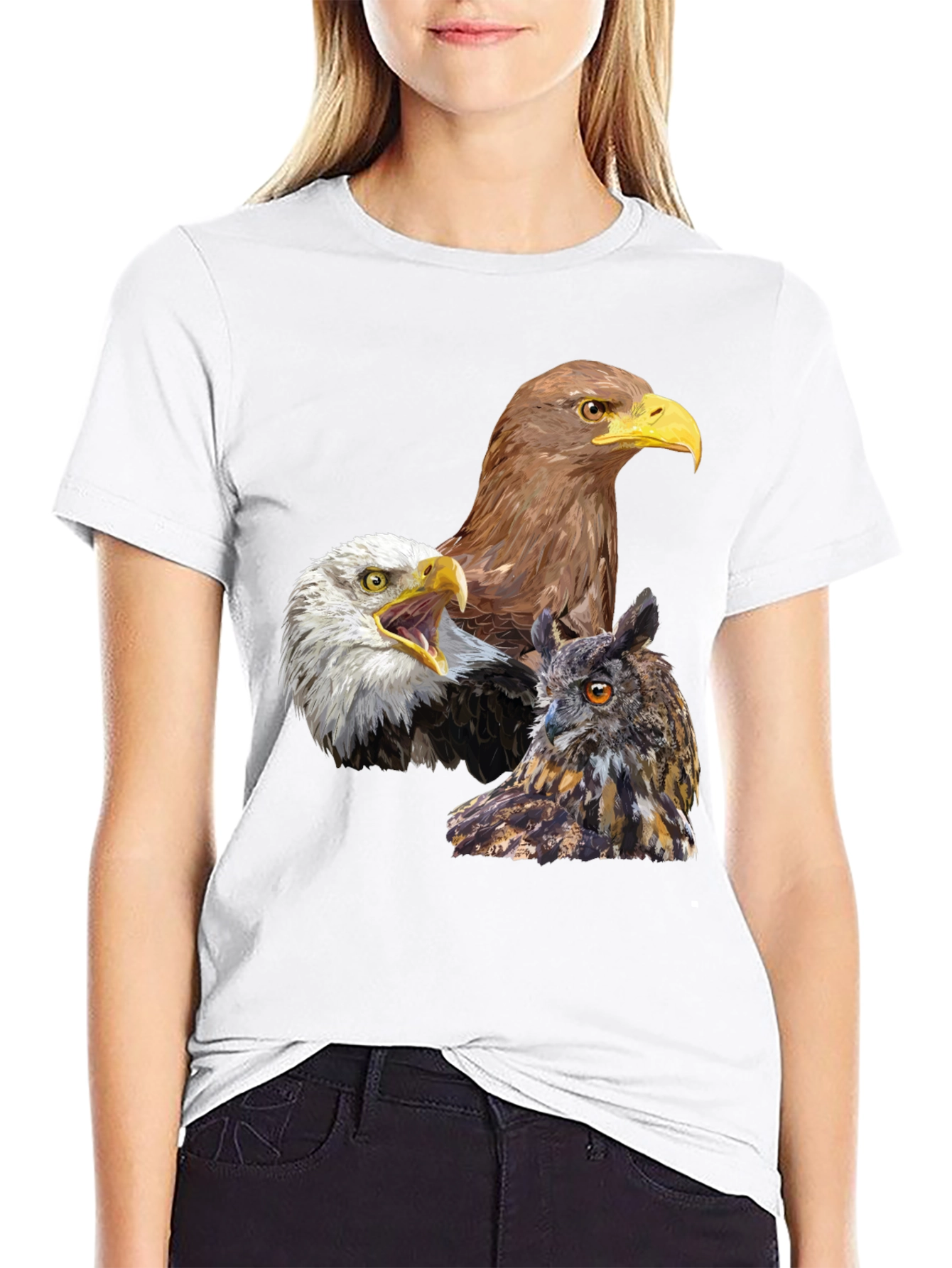 Eagles and Owl Graphic Print Black T-Shirt