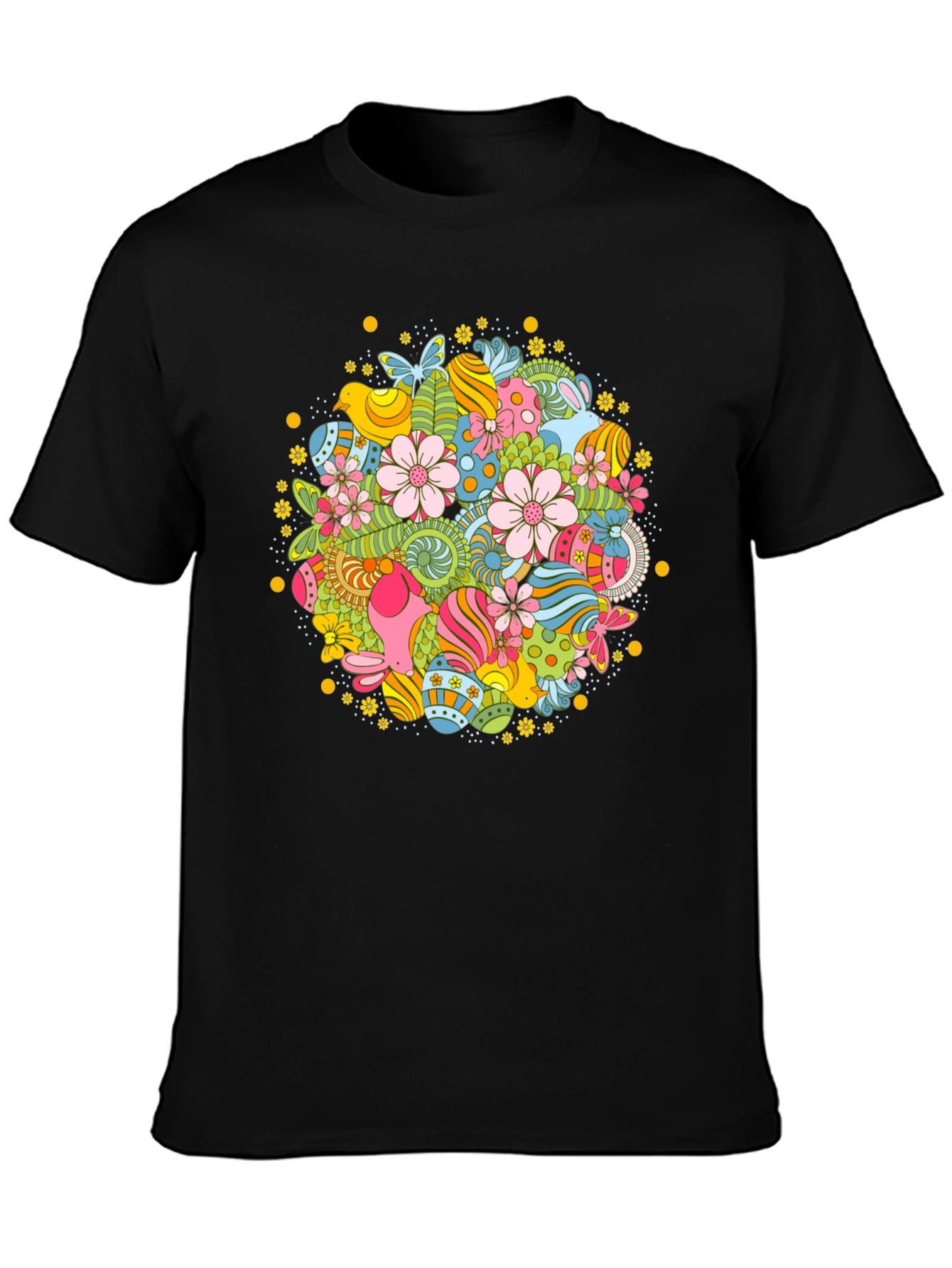 Easter Egg Floral Pattern Black T-Shirt