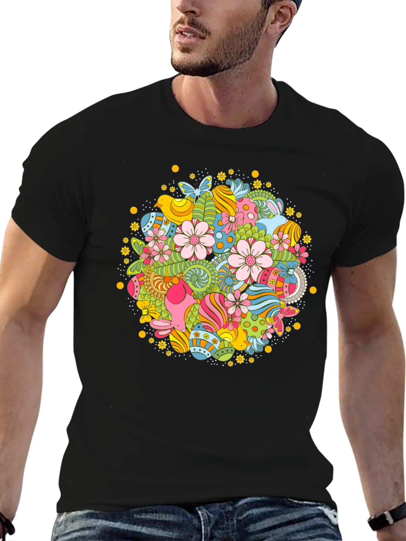 Easter Egg Floral Pattern Black T-Shirt