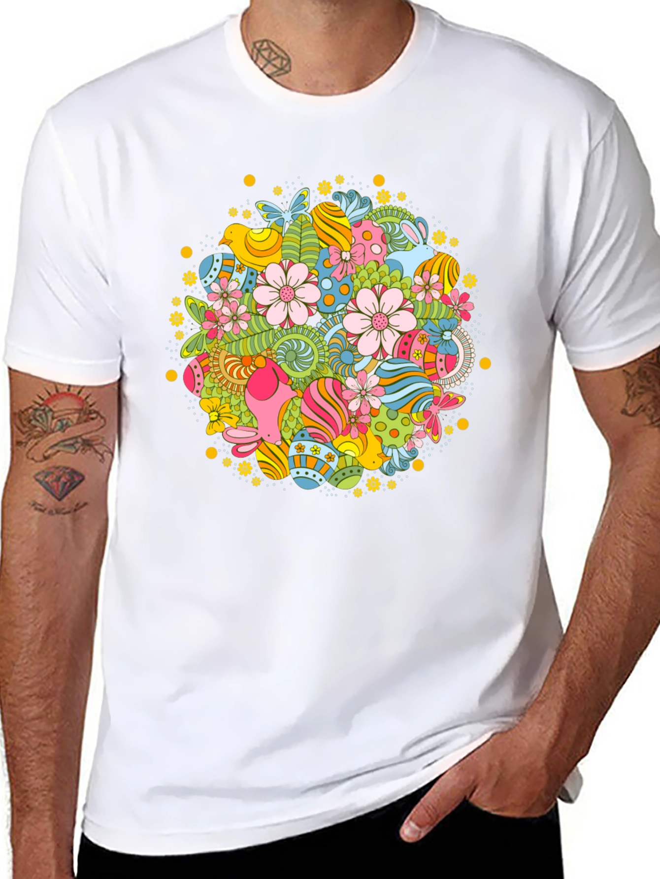 Easter Egg Floral Pattern Black T-Shirt