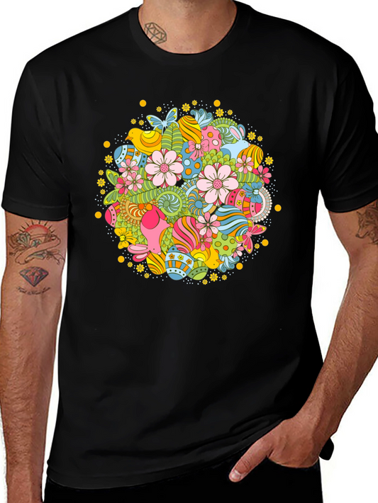Easter Egg Floral Pattern Black T-Shirt
