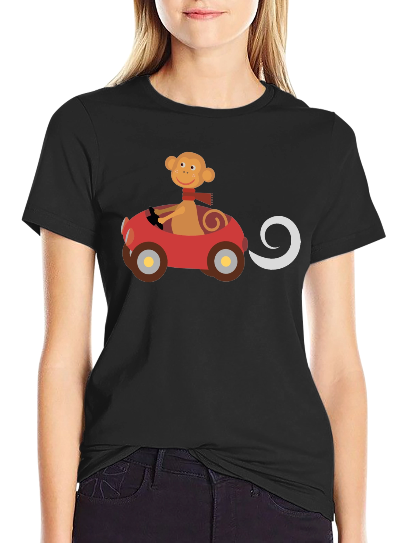 Monkey Driving Car Graphic Black T-Shirt