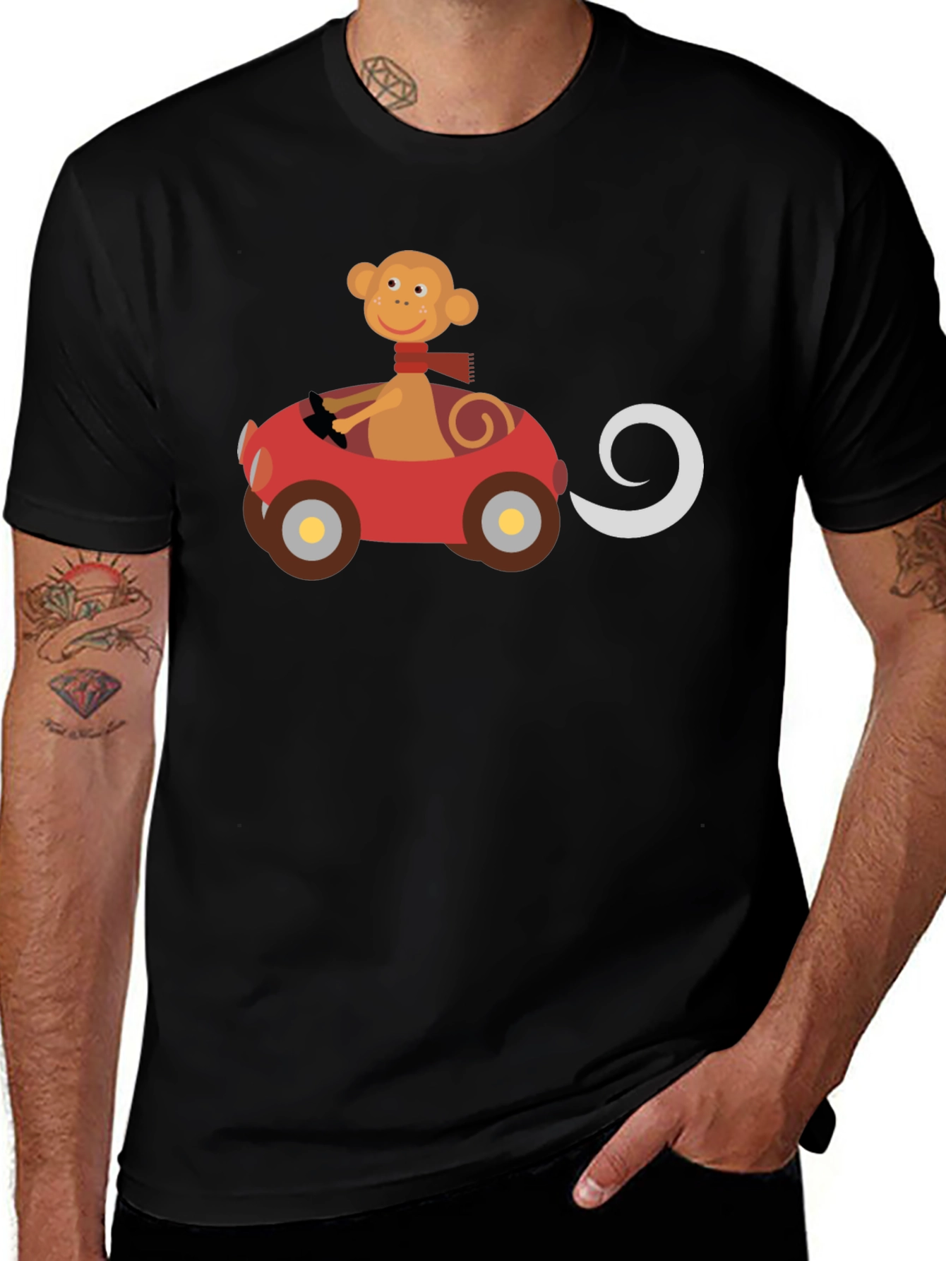 Monkey Driving Car Graphic Black T-Shirt