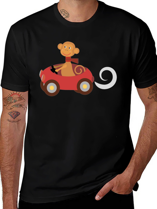 Monkey Driving Car Graphic Black T-Shirt