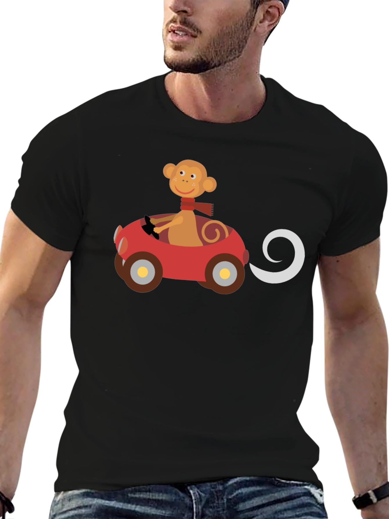 Monkey Driving Car Graphic Black T-Shirt