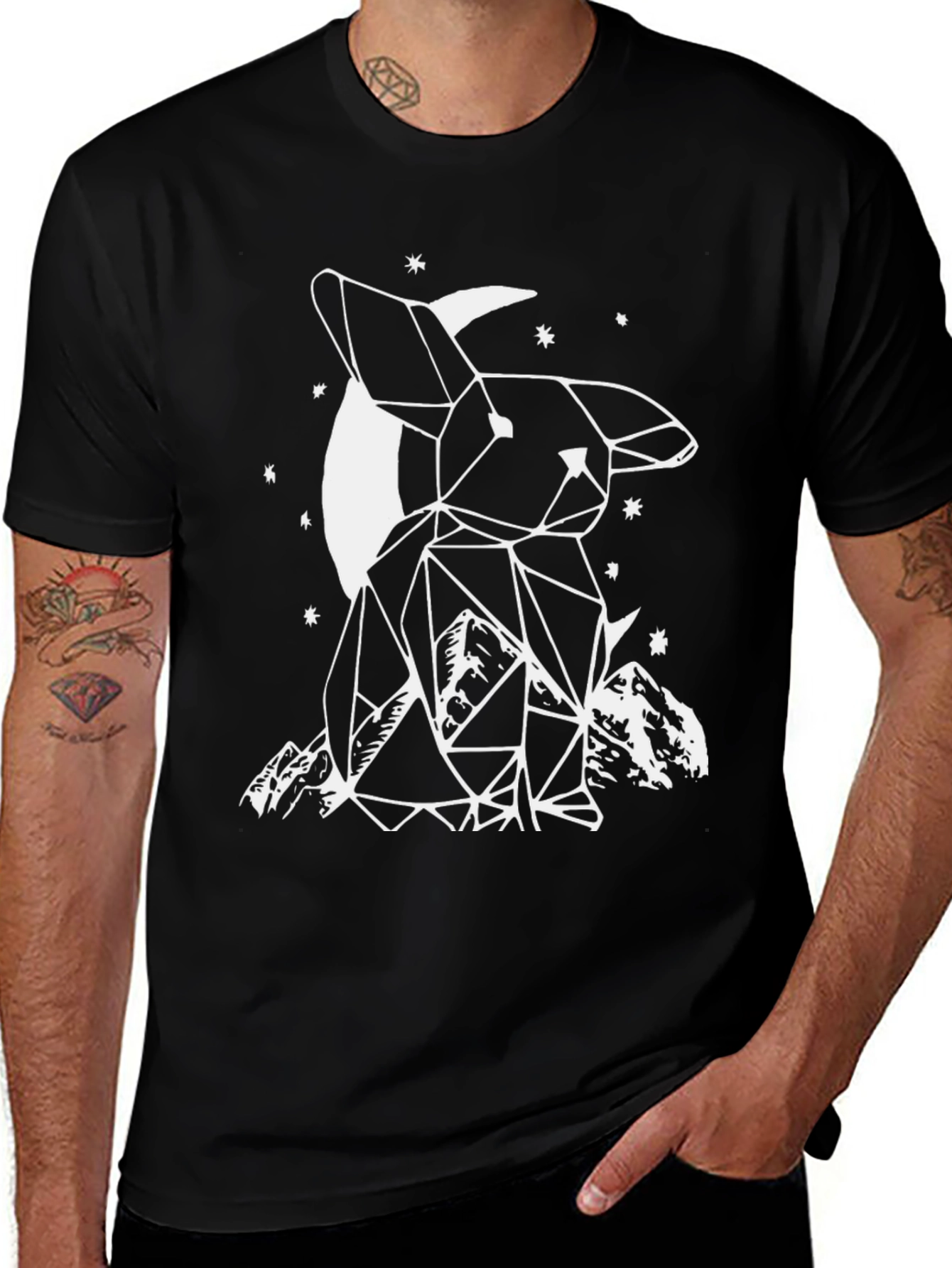 Geometric Bunny Moon Black T-Shirt