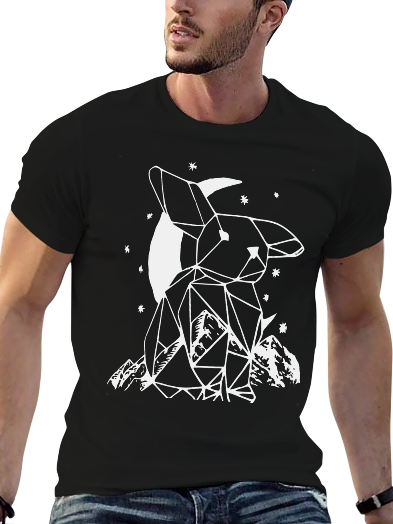 Geometric Bunny Moon Black T-Shirt