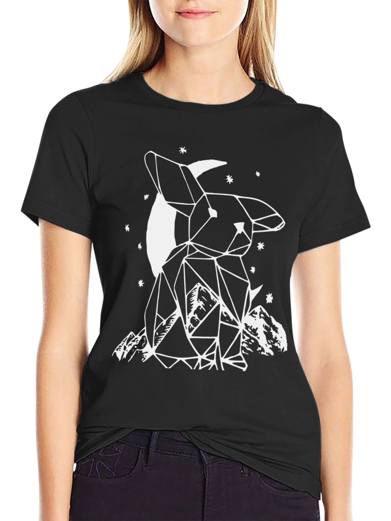 Geometric Bunny Moon Black T-Shirt
