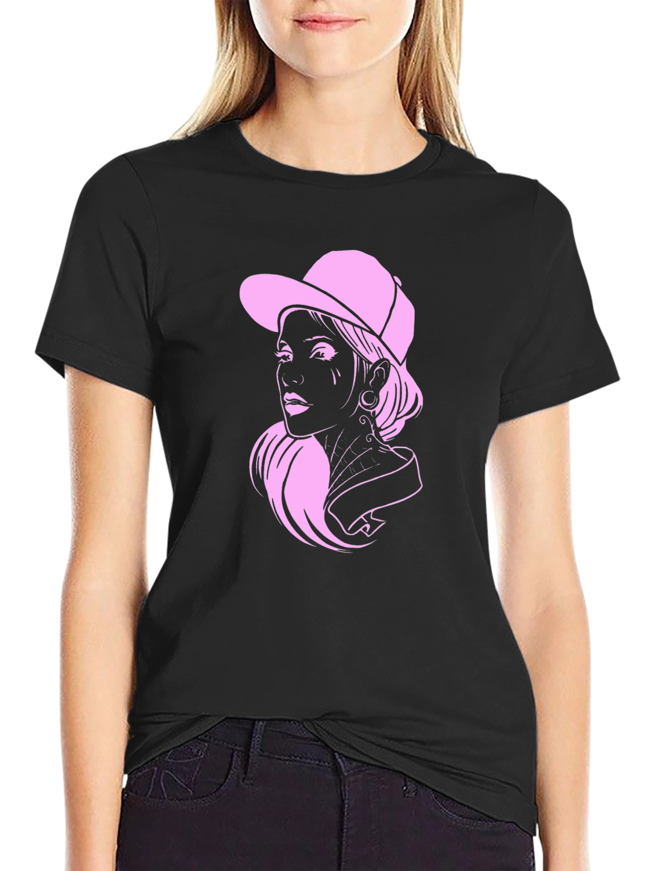 Cool Pink Lady Graphic Black T-Shirt