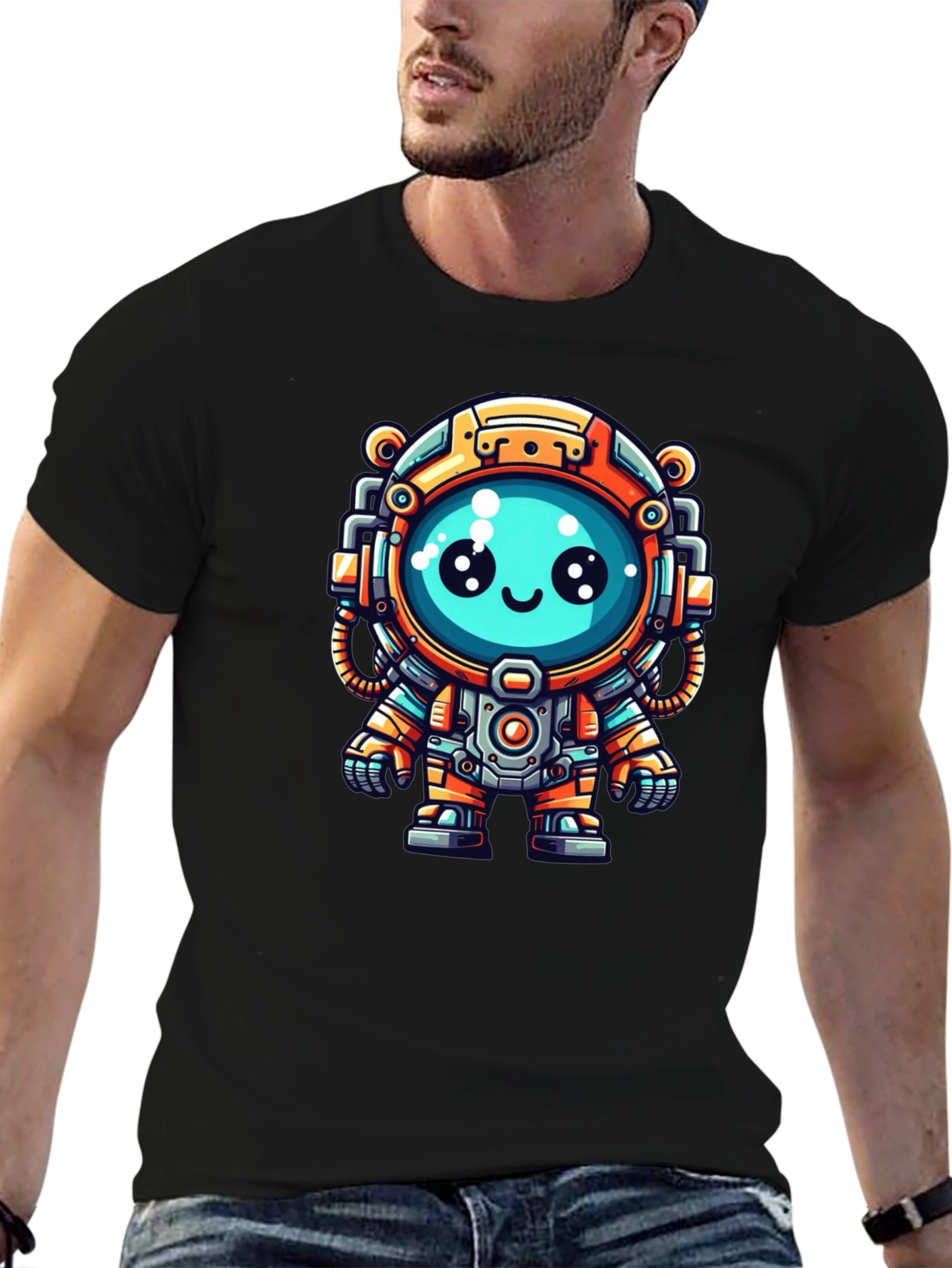 Cute Cartoon Astronaut Black T-Shirt