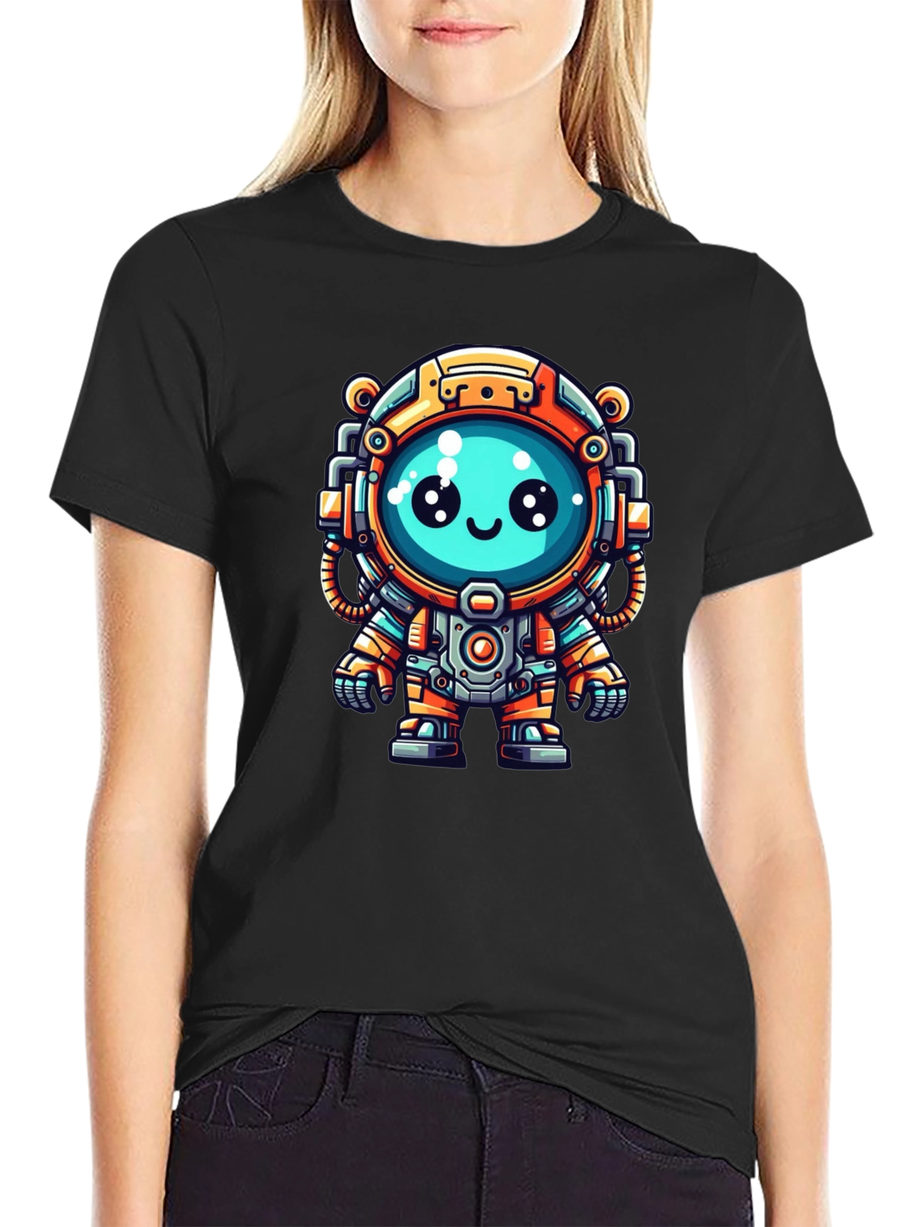 Cute Cartoon Astronaut Black T-Shirt