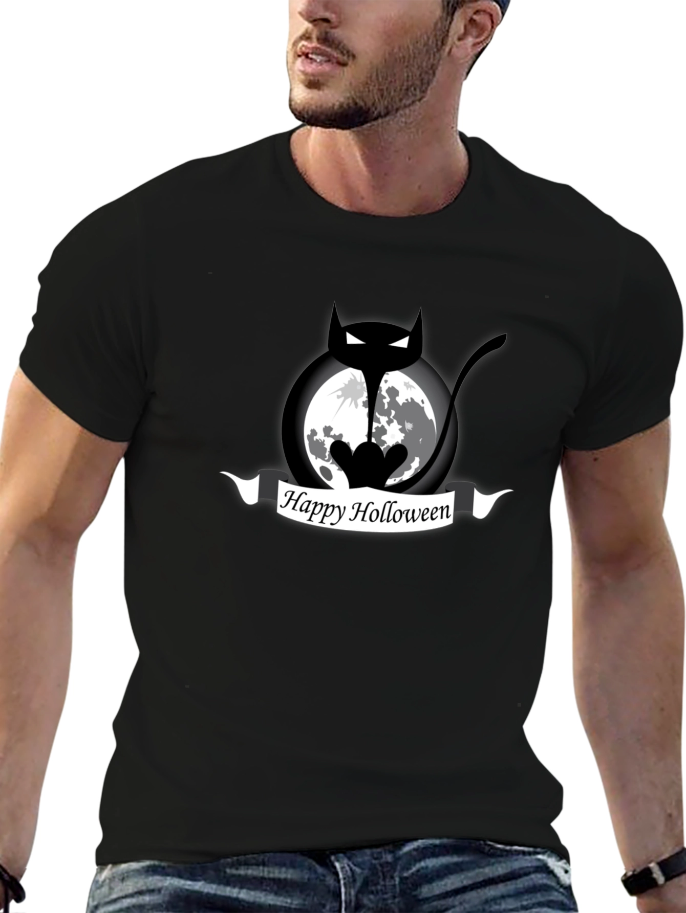 Happy Holloween Cat Moon Black T-Shirt