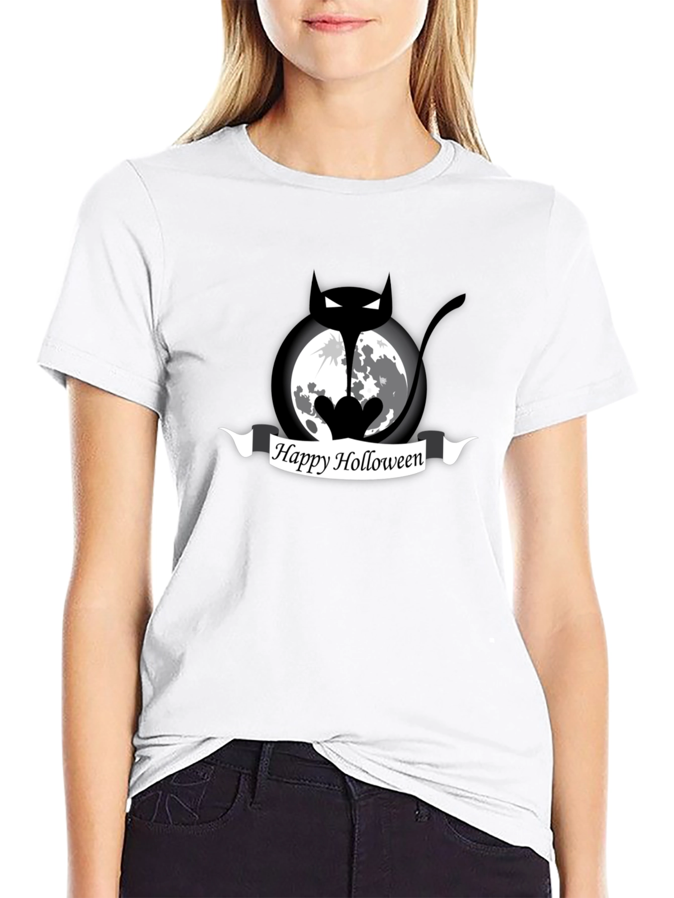 Happy Holloween Cat Moon Black T-Shirt
